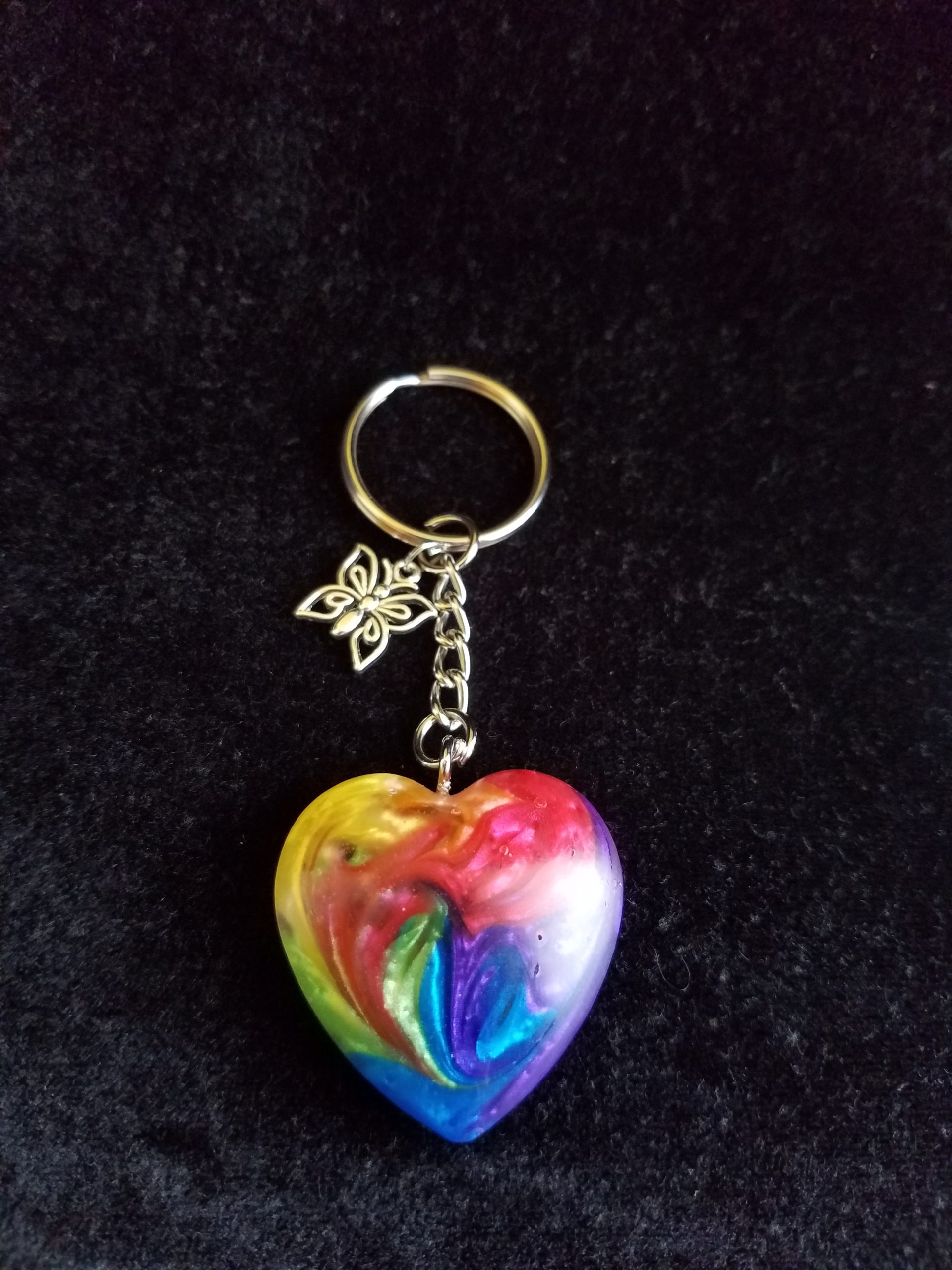 Silver Keychain with Rainbow Epoxy Heart Charm & Silver Butterfly Charm