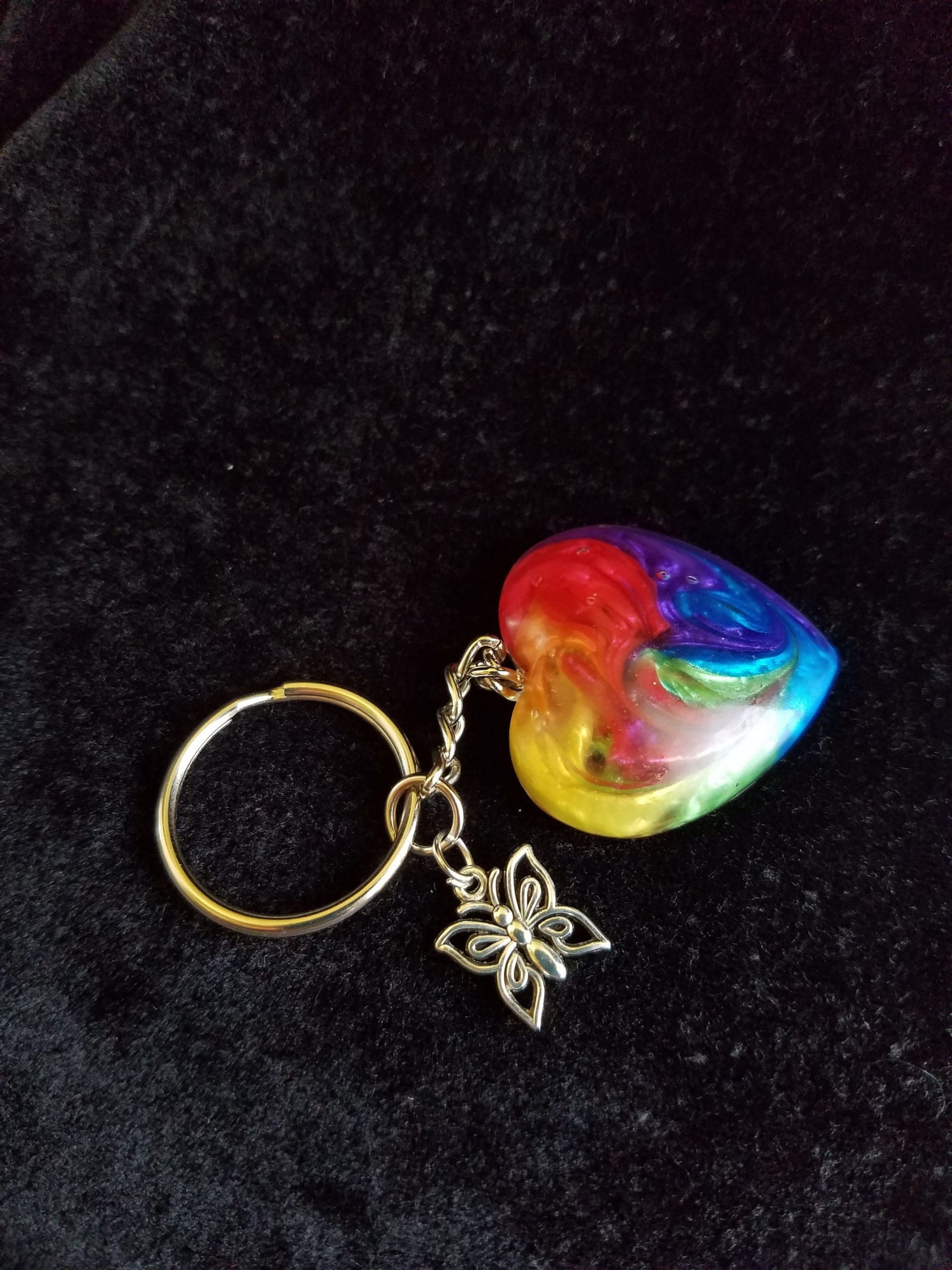 Silver Keychain with Rainbow Epoxy Heart Charm & Silver Butterfly Charm