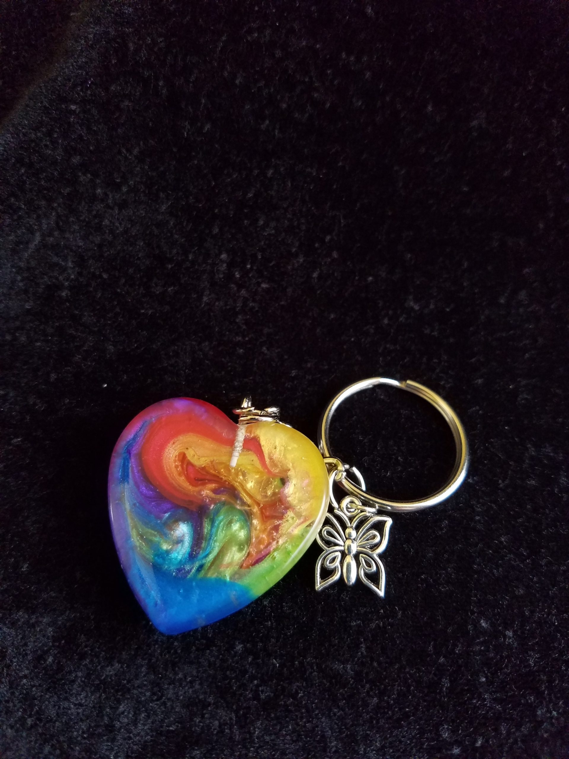 Silver Keychain with Rainbow Epoxy Heart Charm & Silver Butterfly Charm