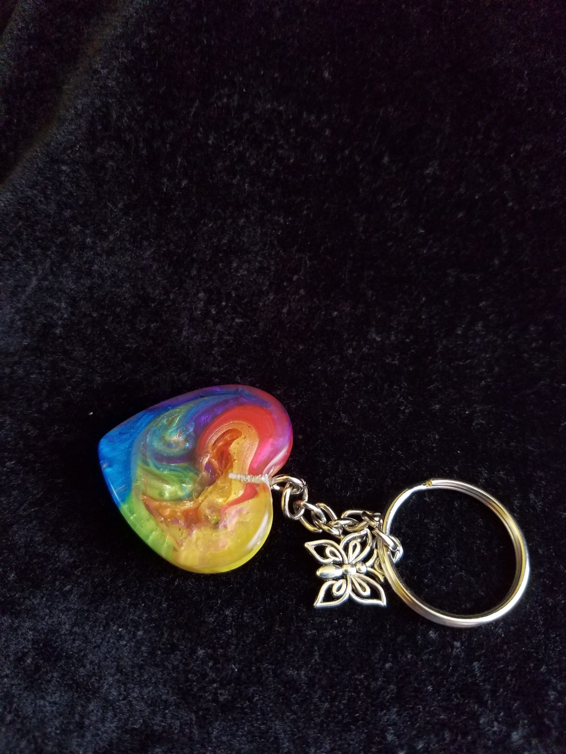 Silver Keychain with Rainbow Epoxy Heart Charm & Silver Butterfly Charm