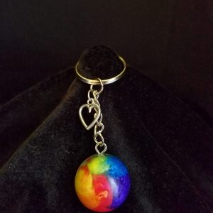 Silver Keychain with Rainbow Epoxy Round Charm & Silver Heart Charm