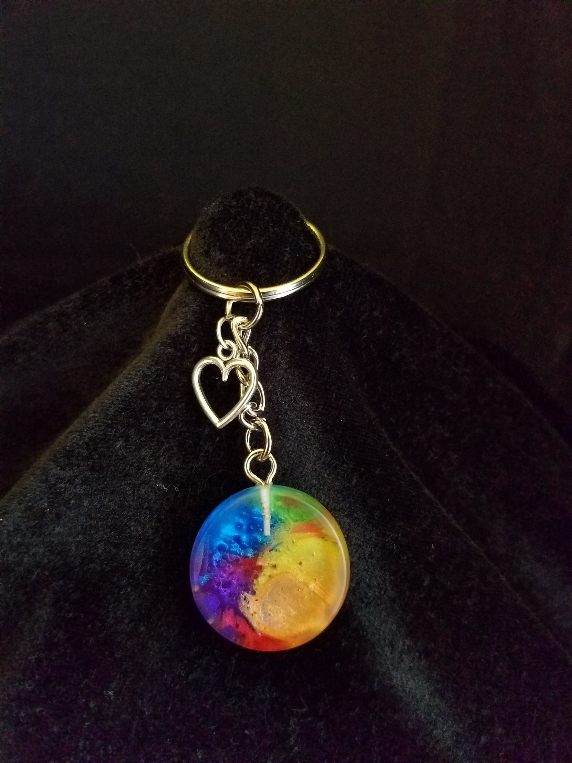 Silver Keychain with Rainbow Epoxy Round Charm & Silver Heart Charm