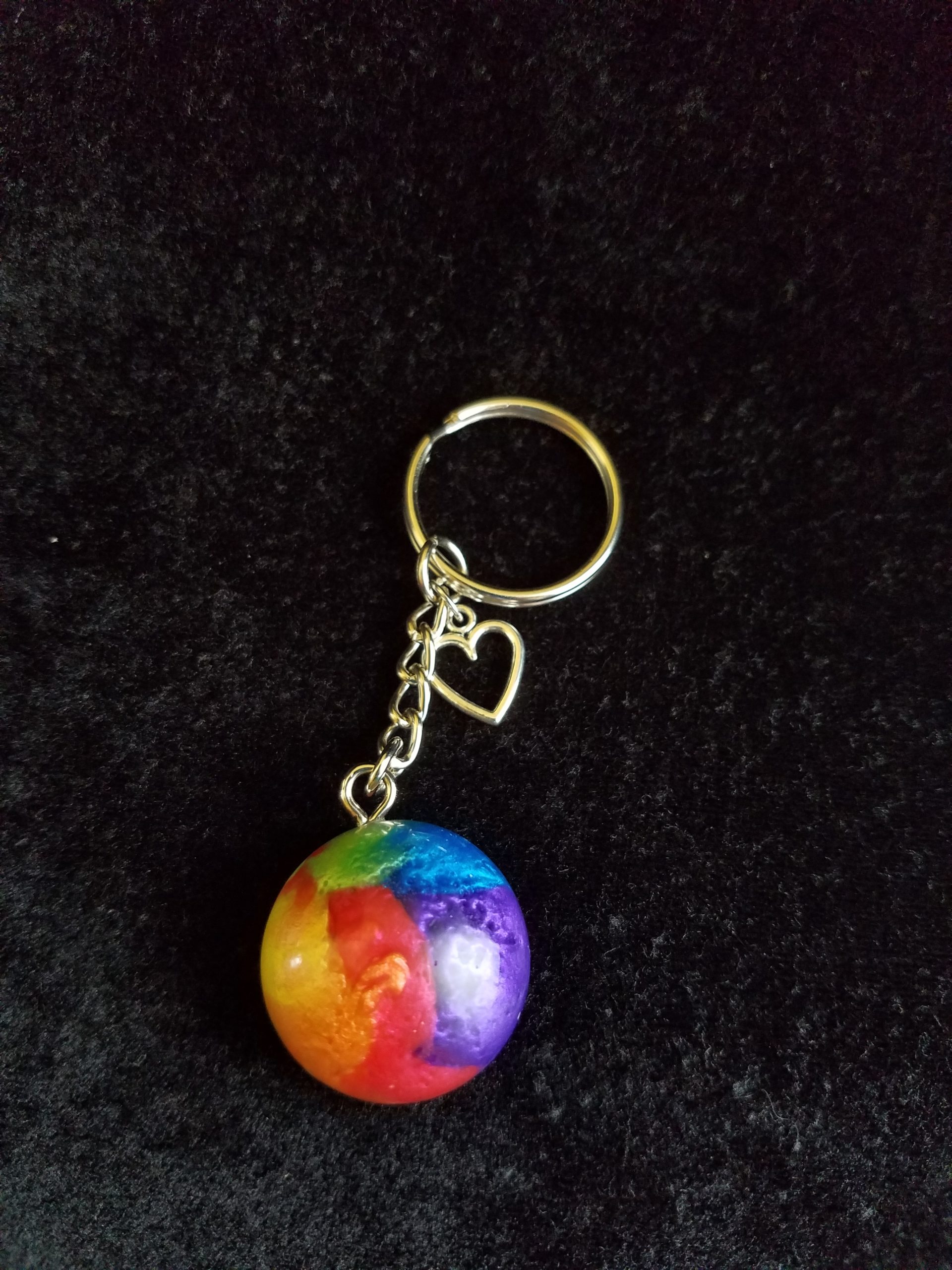 Silver Keychain with Rainbow Epoxy Round Charm & Silver Heart Charm