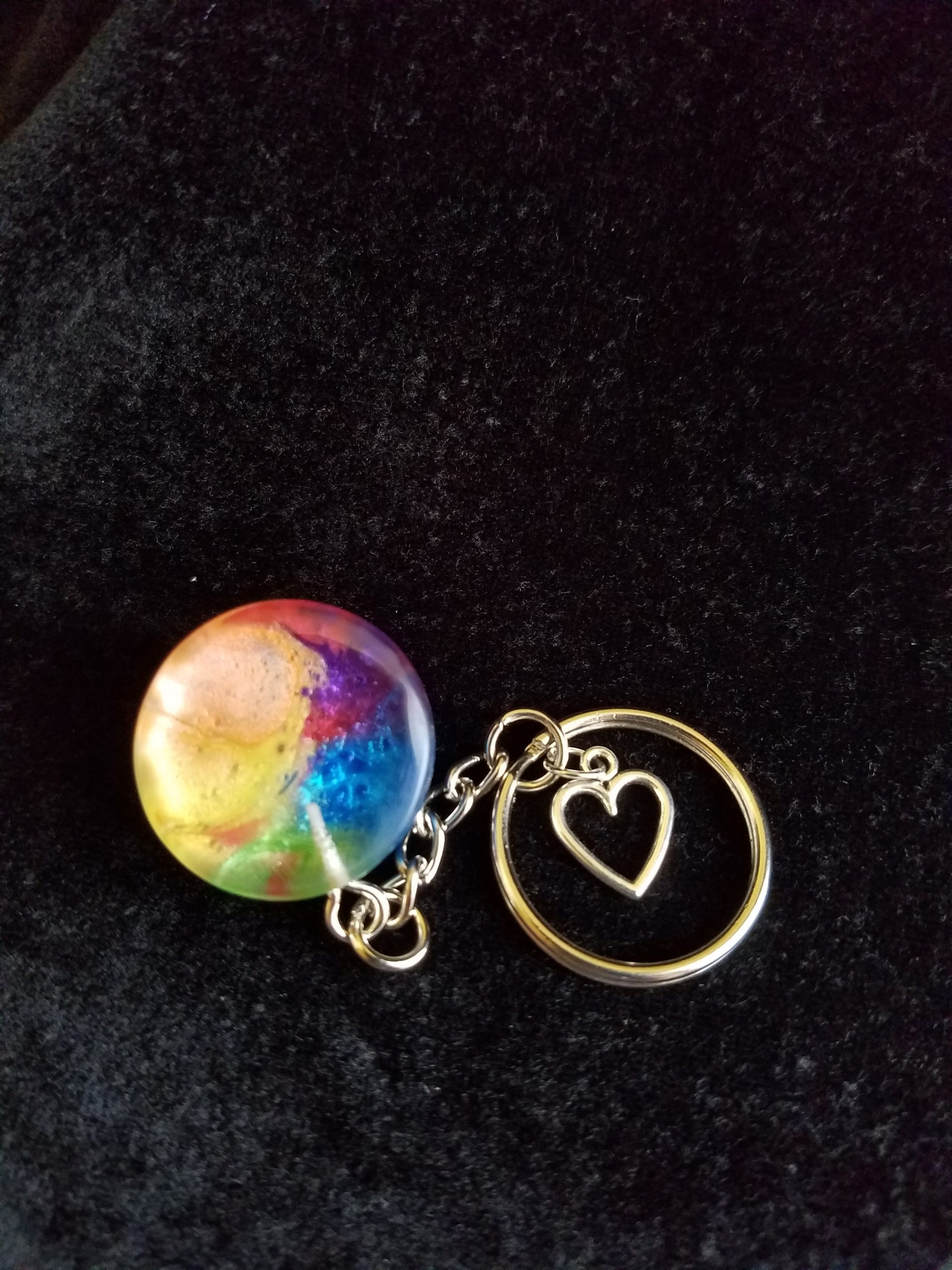 Silver Keychain with Rainbow Epoxy Round Charm & Silver Heart Charm