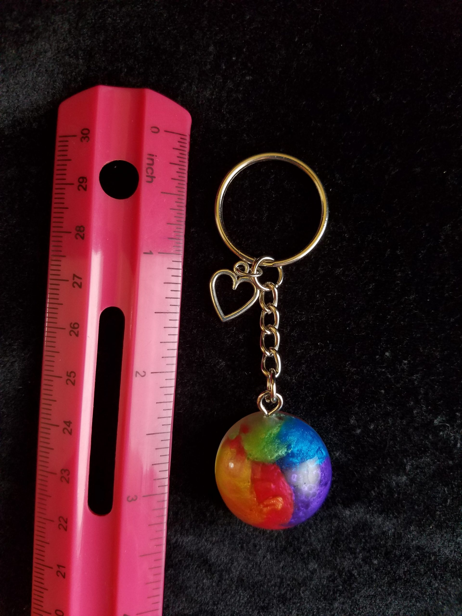 Silver Keychain with Rainbow Epoxy Round Charm & Silver Heart Charm