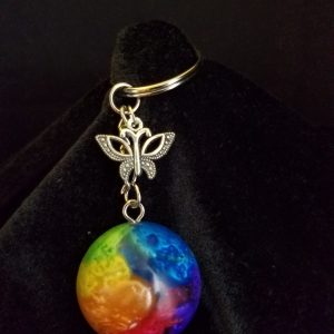 Silver Keychain with Rainbow Epoxy Round Charm & Silver Butterfly Charm