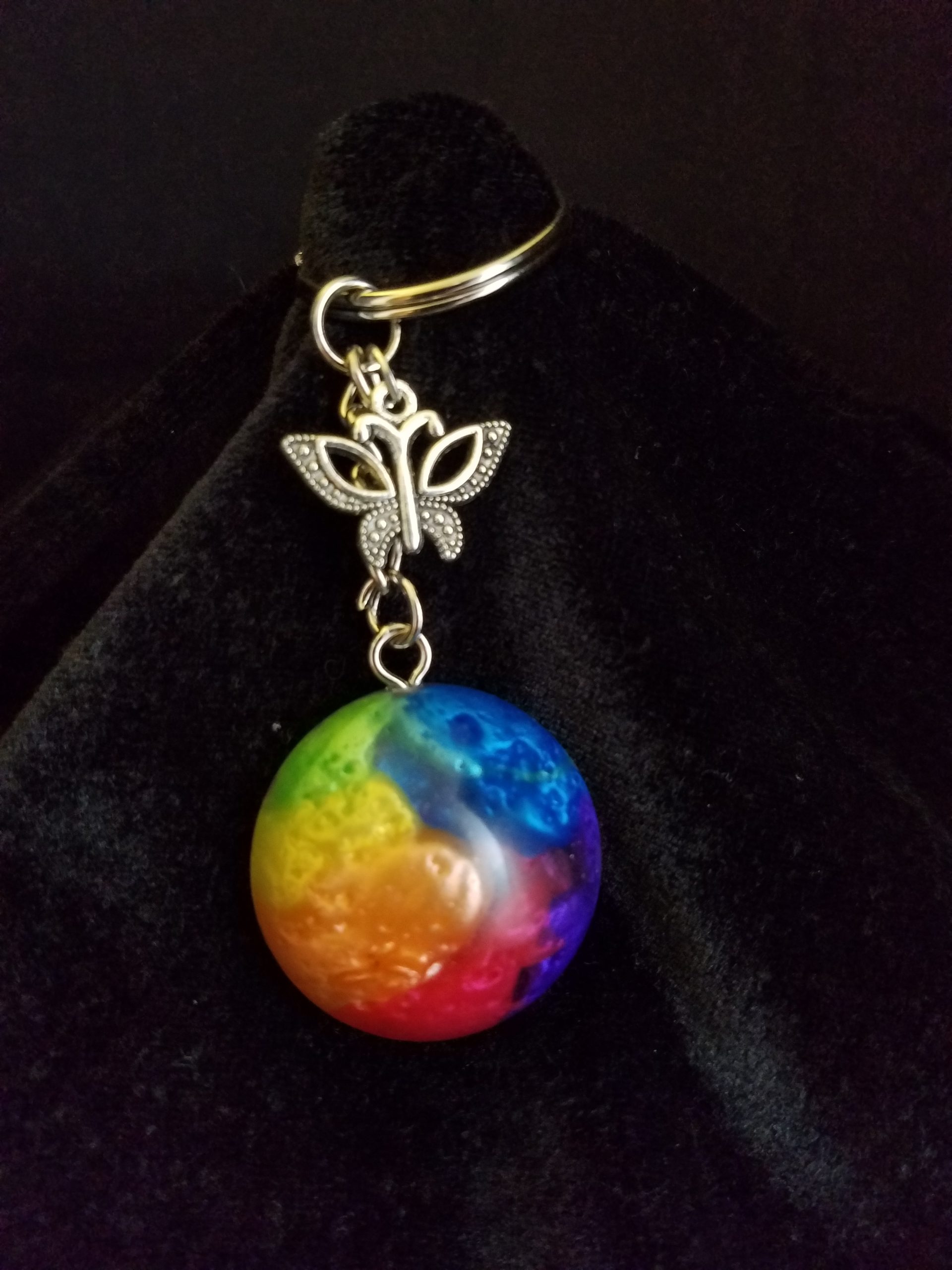 Silver Keychain with Rainbow Epoxy Round Charm & Silver Butterfly Charm
