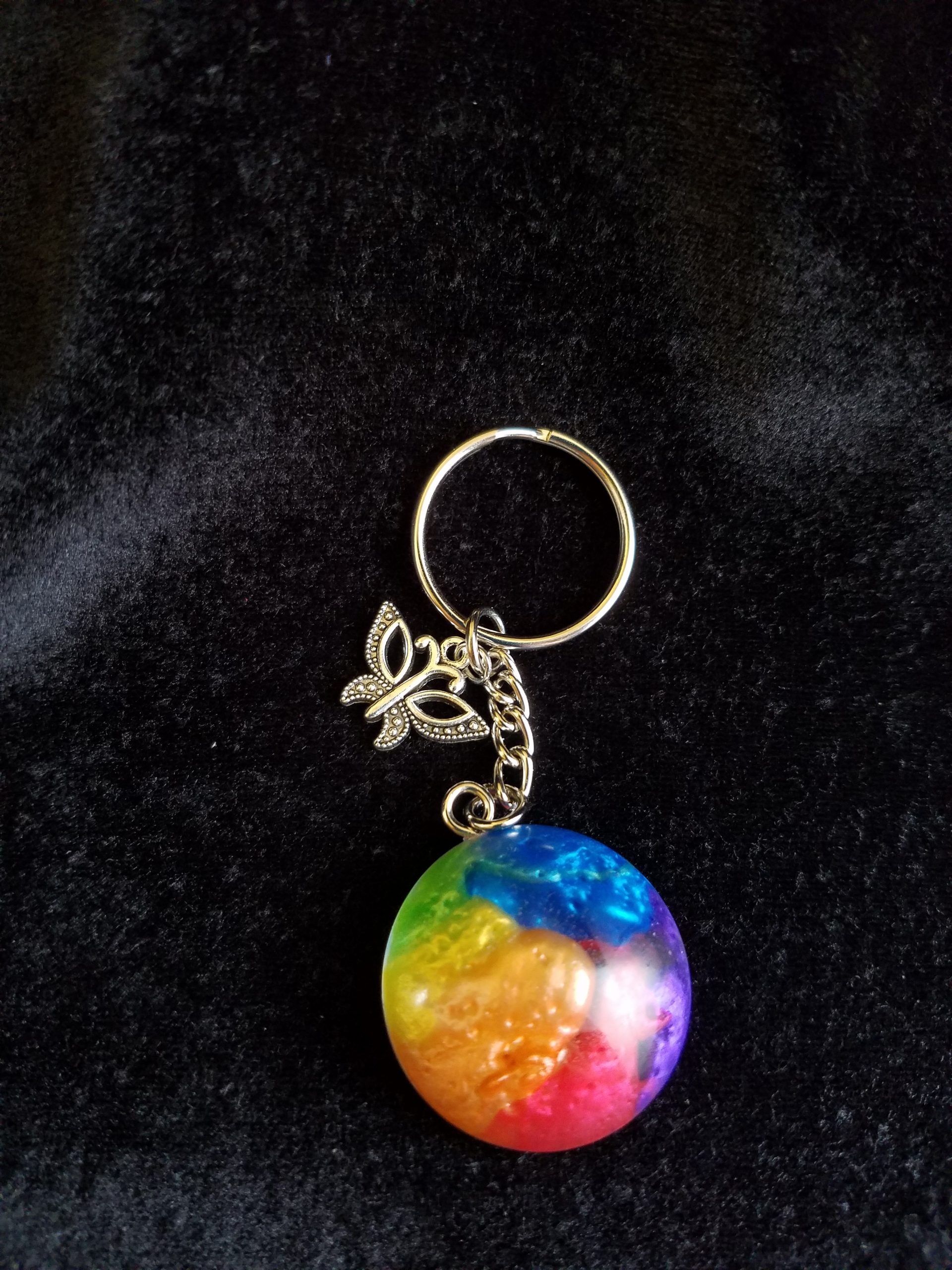 Silver Keychain with Rainbow Epoxy Round Charm & Silver Butterfly Charm