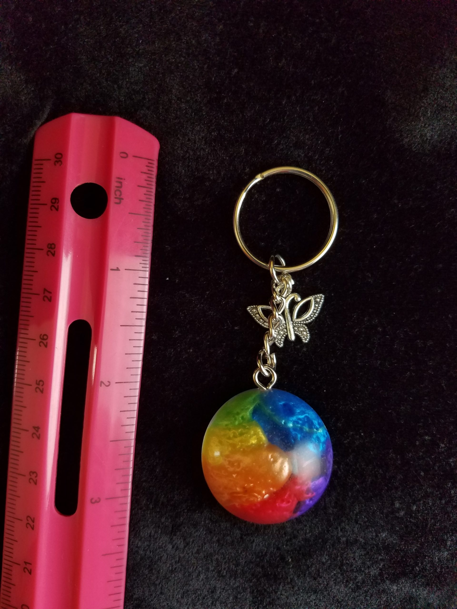 Silver Keychain with Rainbow Epoxy Round Charm & Silver Butterfly Charm