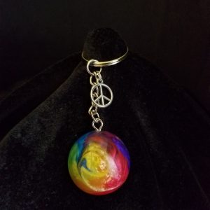 Silver Keychain with Rainbow Epoxy Round Charm & Silver Peace Sign Charm