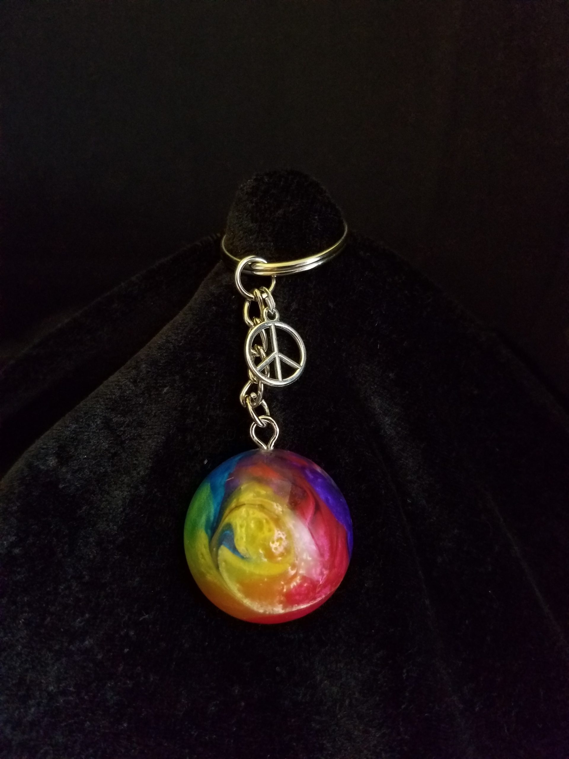Silver Keychain with Rainbow Epoxy Round Charm & Silver Peace Sign Charm