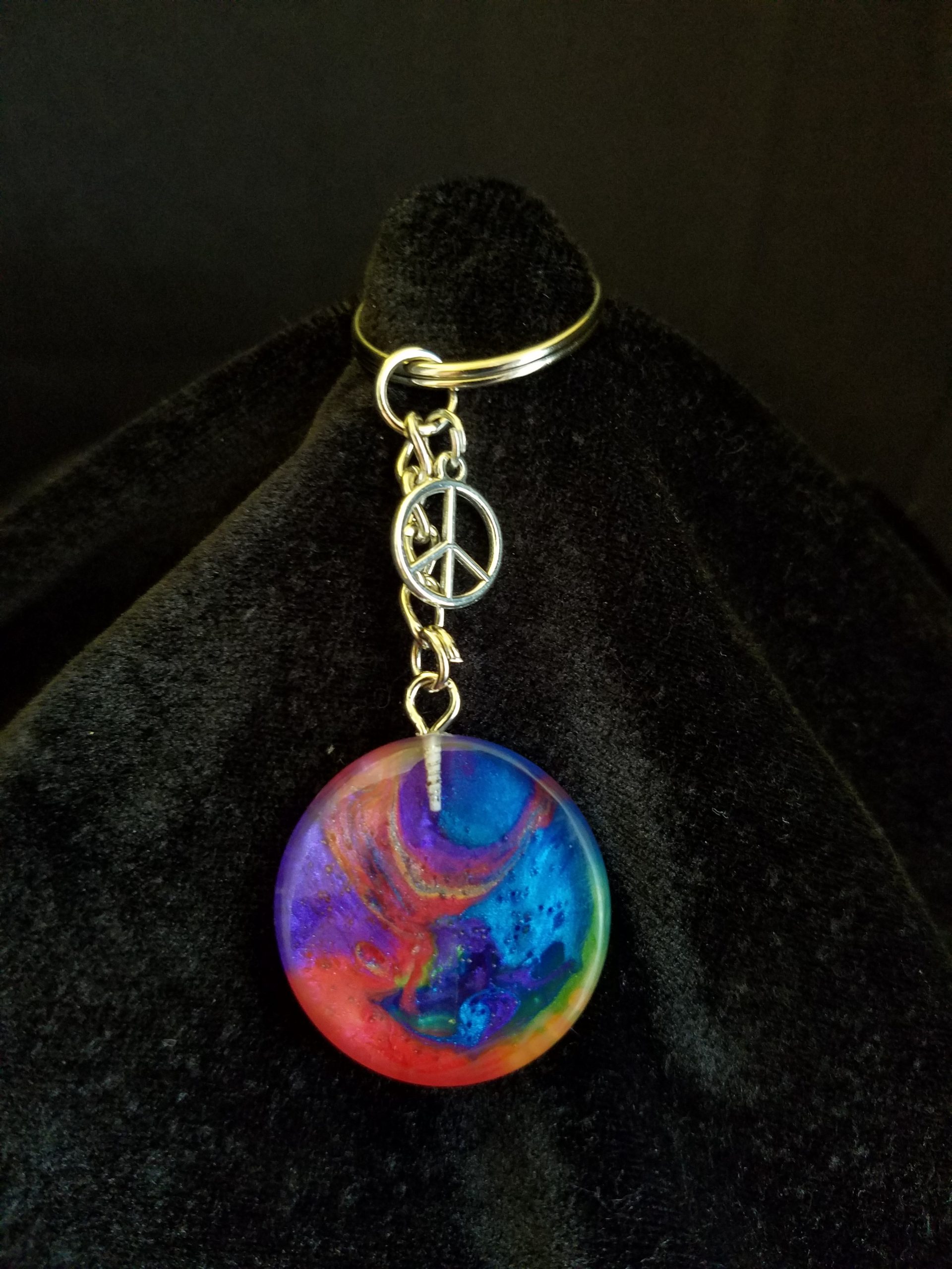 Silver Keychain with Rainbow Epoxy Round Charm & Silver Peace Sign Charm
