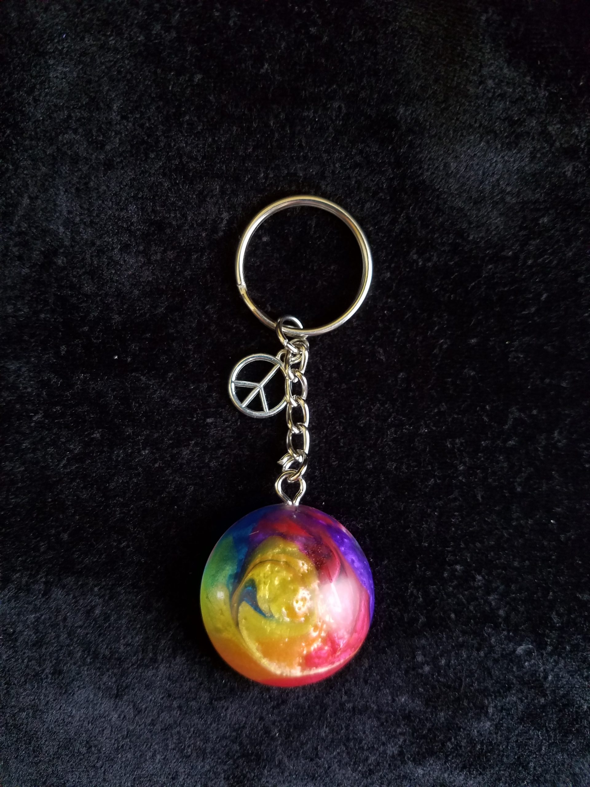 Silver Keychain with Rainbow Epoxy Round Charm & Silver Peace Sign Charm