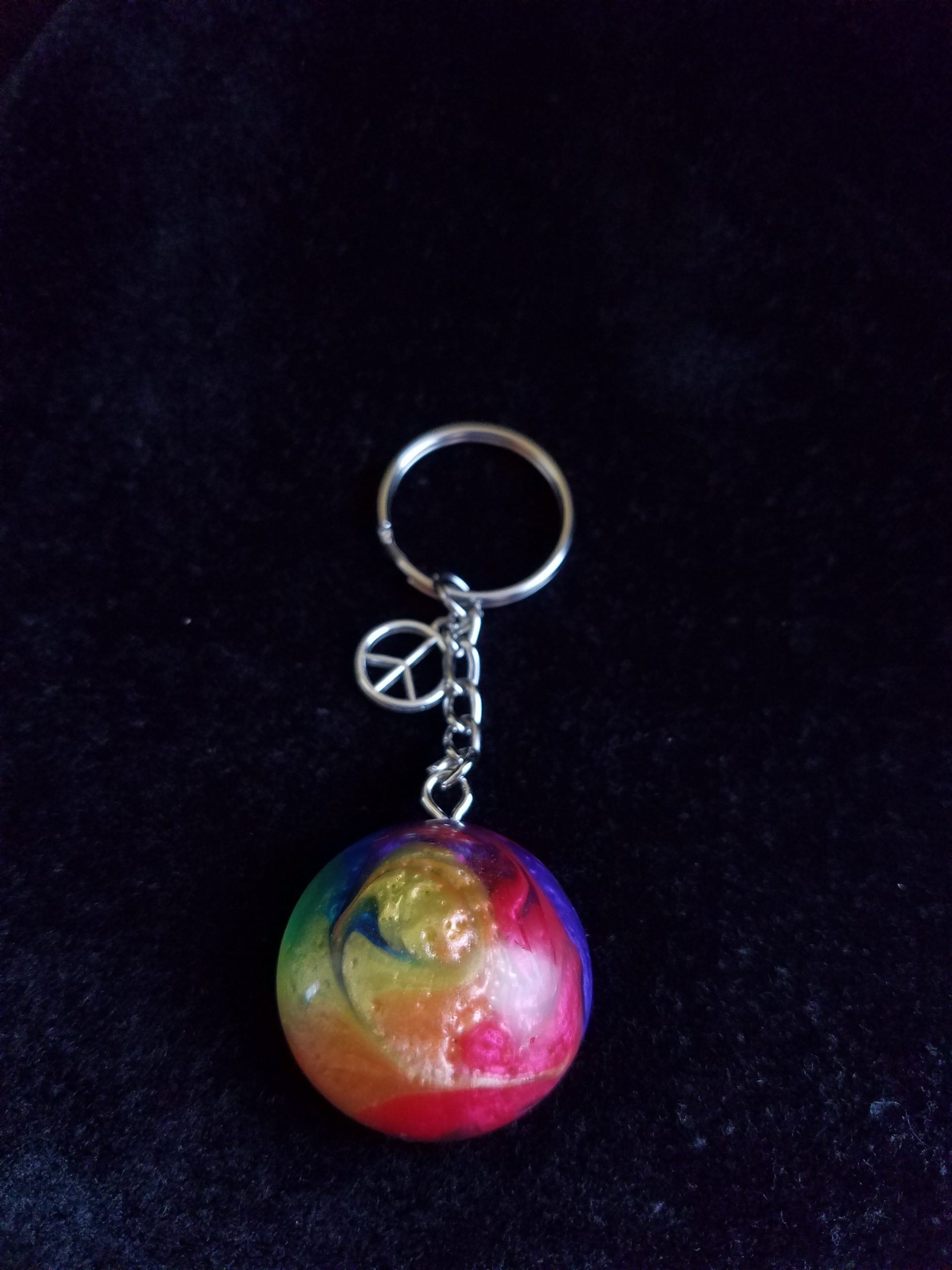 Silver Keychain with Rainbow Epoxy Round Charm & Silver Peace Sign Charm