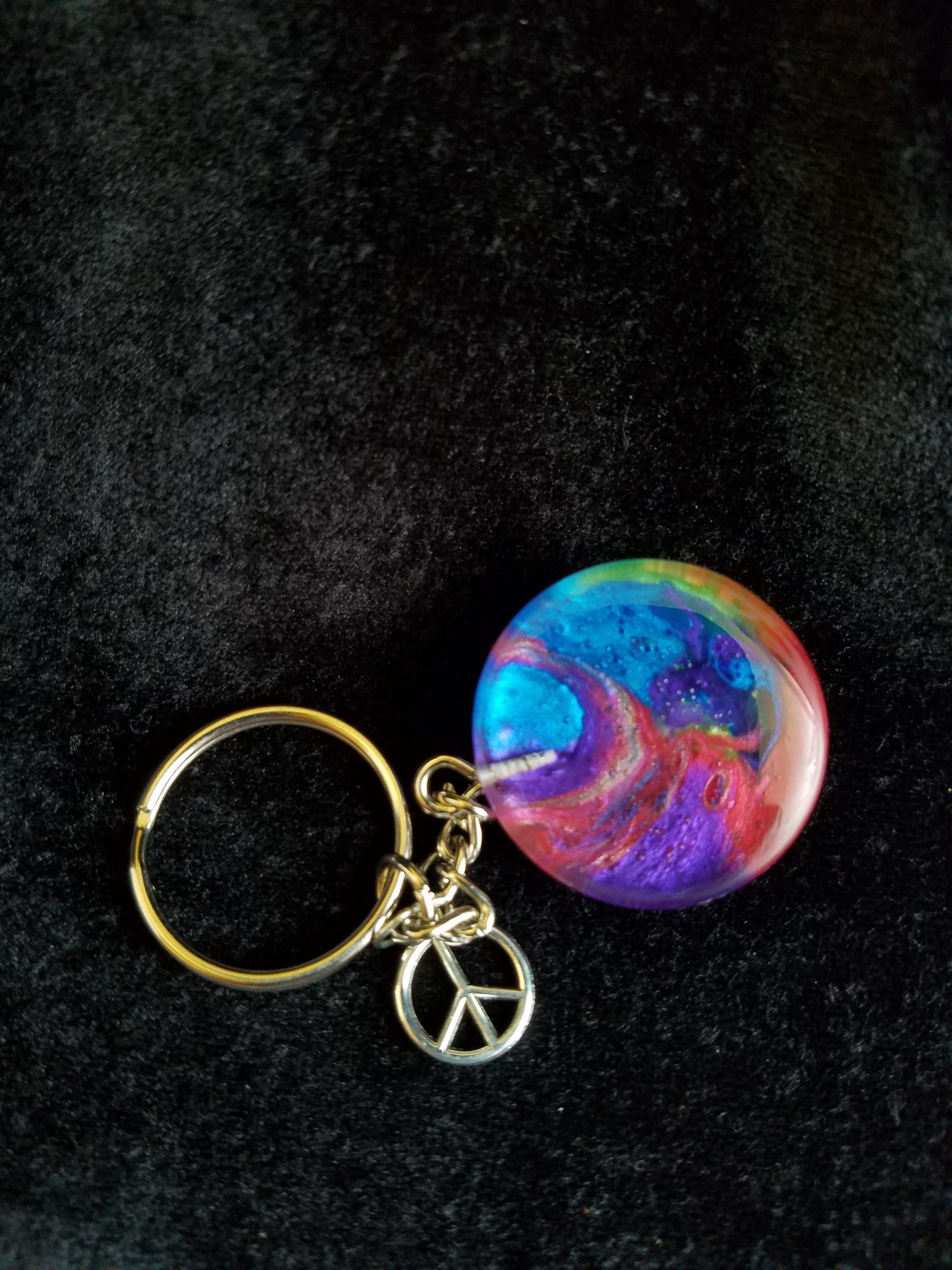 Silver Keychain with Rainbow Epoxy Round Charm & Silver Peace Sign Charm