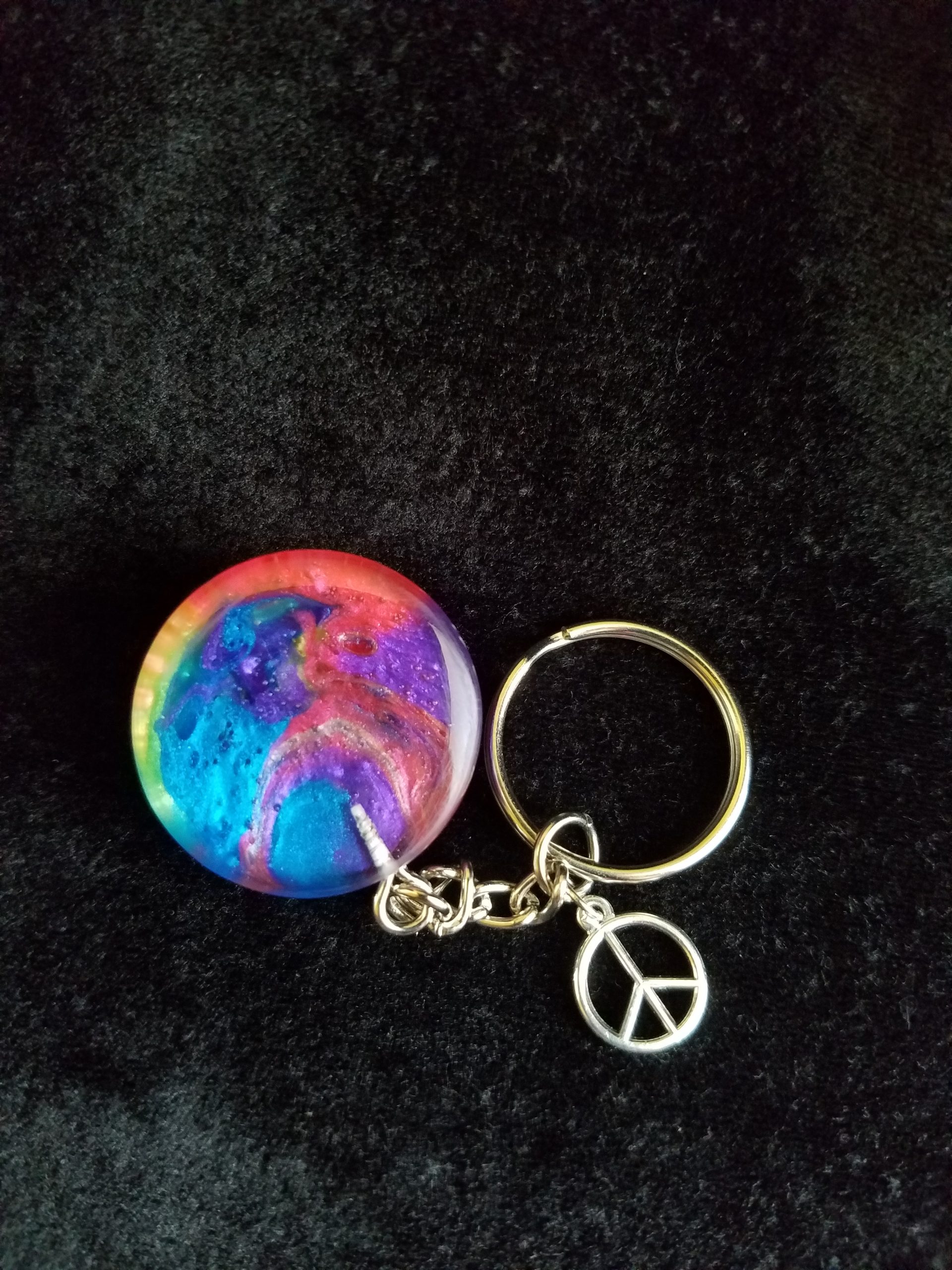 Silver Keychain with Rainbow Epoxy Round Charm & Silver Peace Sign Charm
