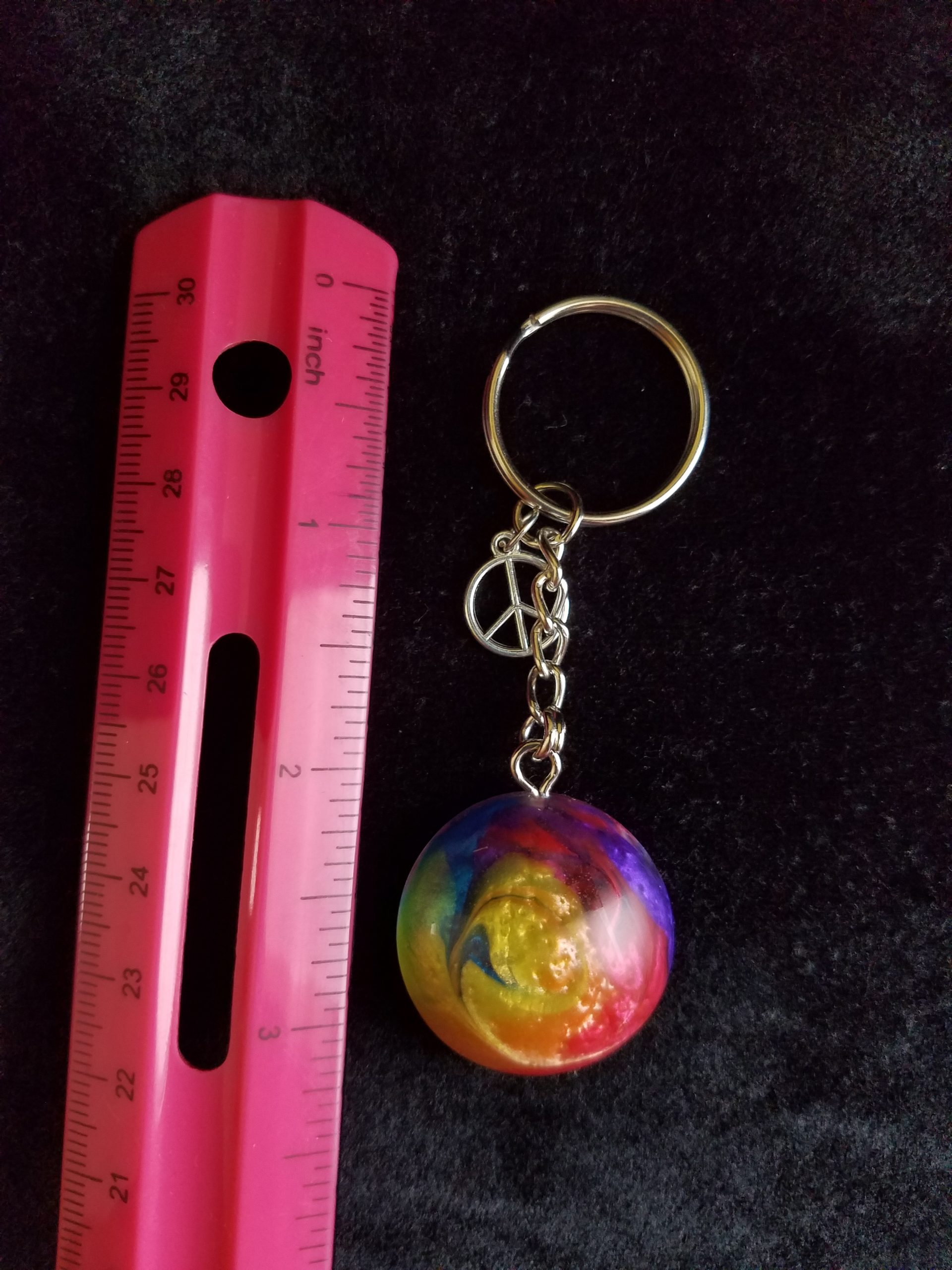 Silver Keychain with Rainbow Epoxy Round Charm & Silver Peace Sign Charm