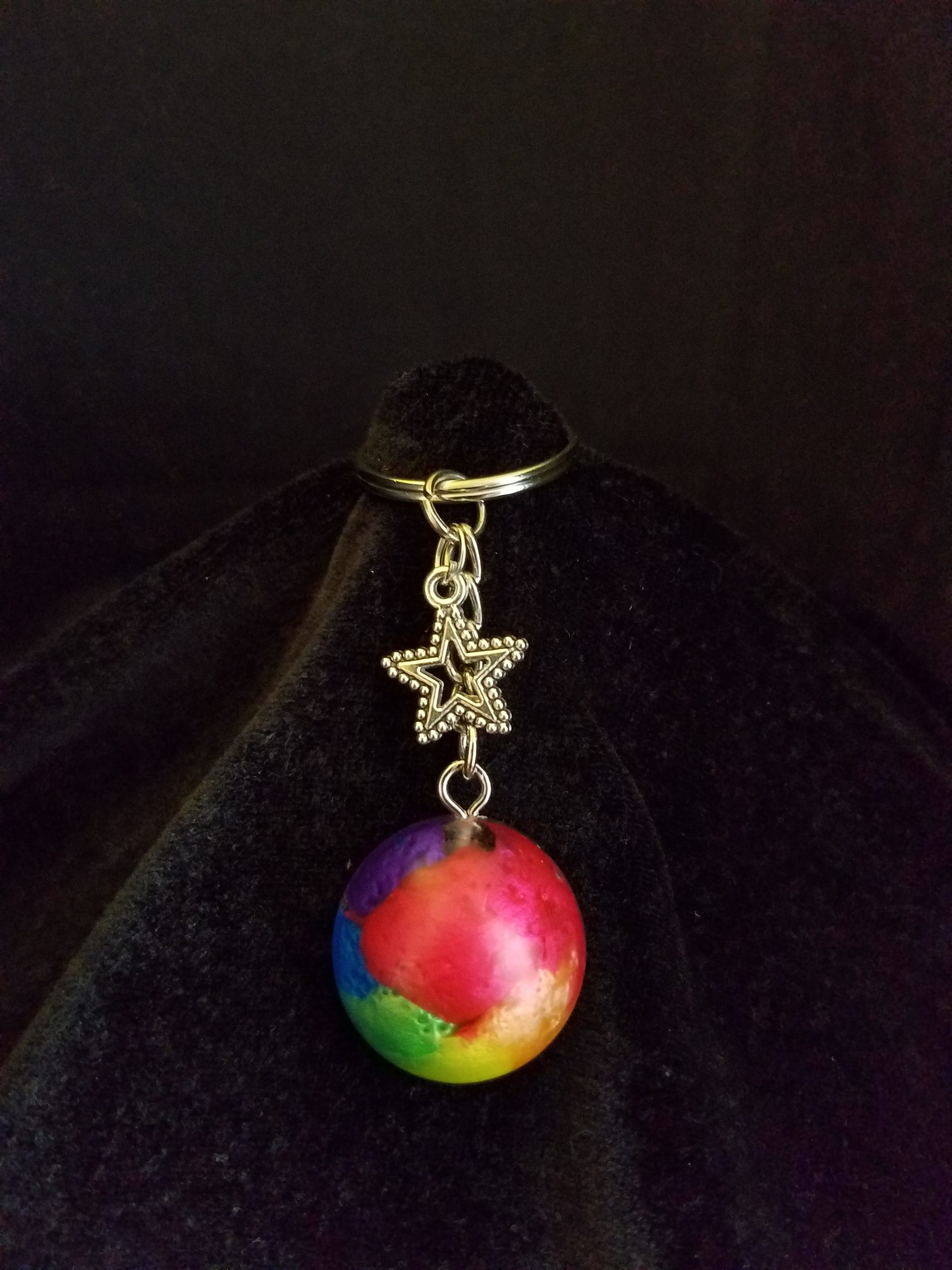Silver Keychain with Rainbow Epoxy Round Charm & Silver Star Charm
