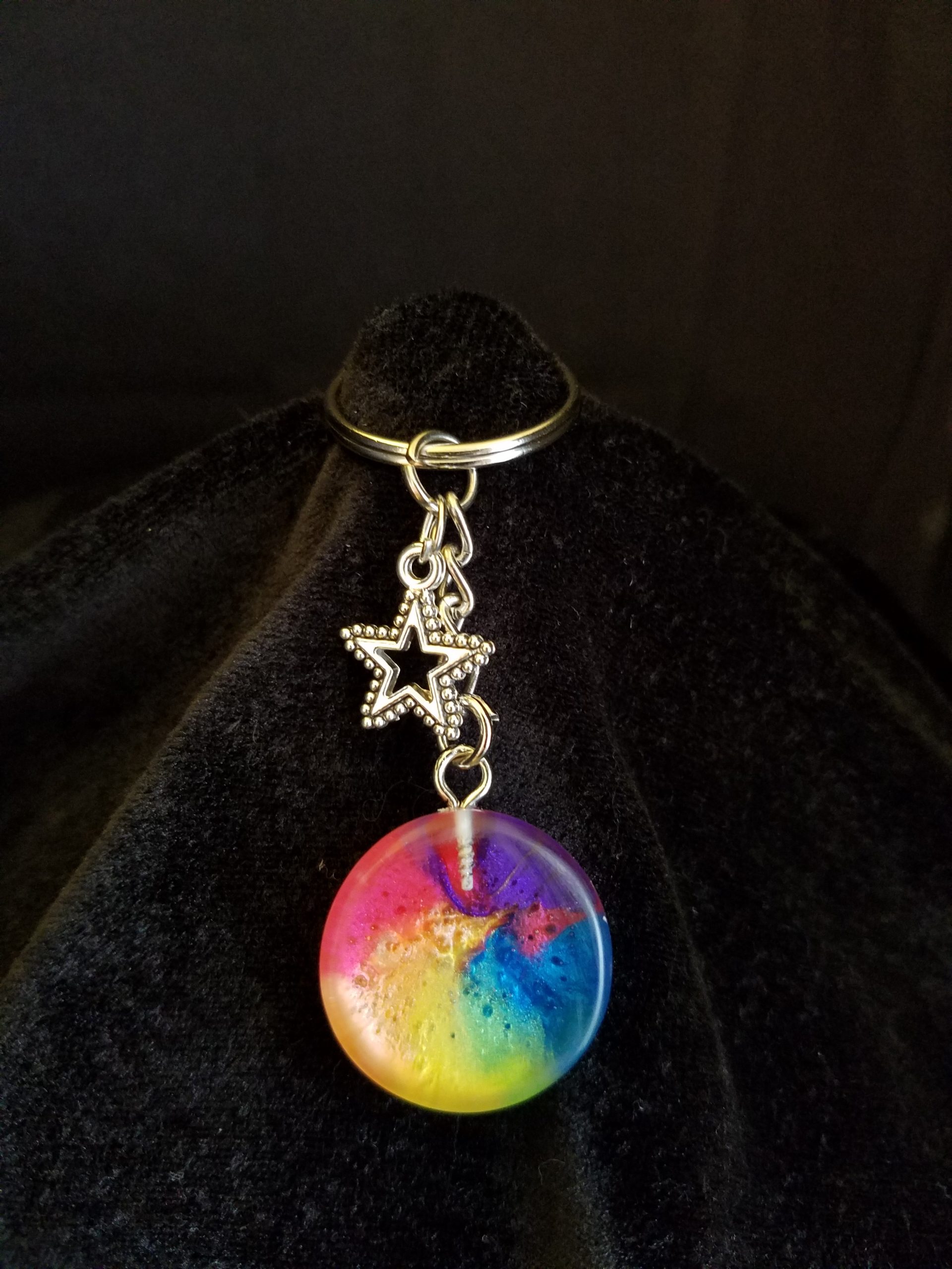 Silver Keychain with Rainbow Epoxy Round Charm & Silver Star Charm