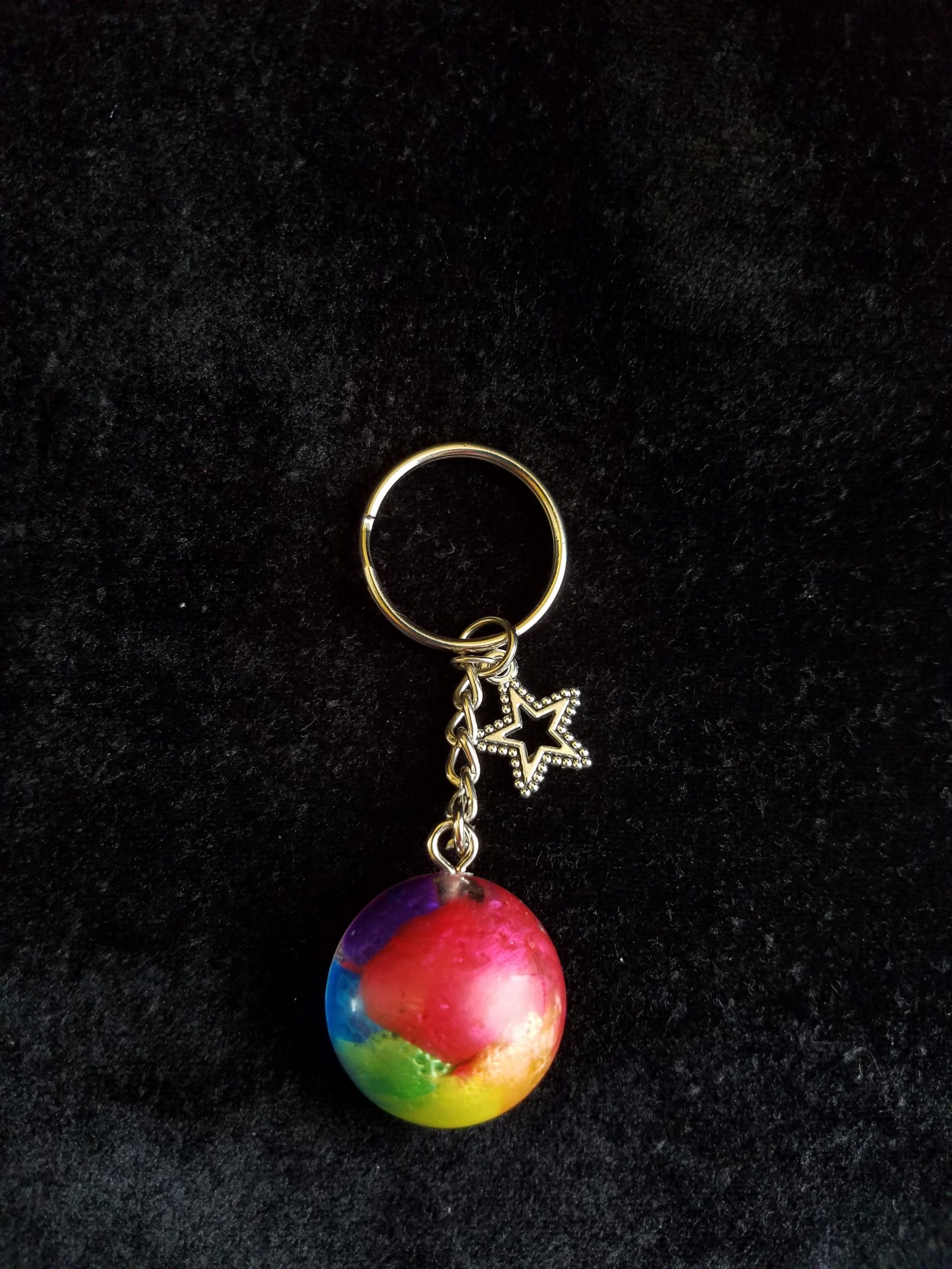 Silver Keychain with Rainbow Epoxy Round Charm & Silver Star Charm