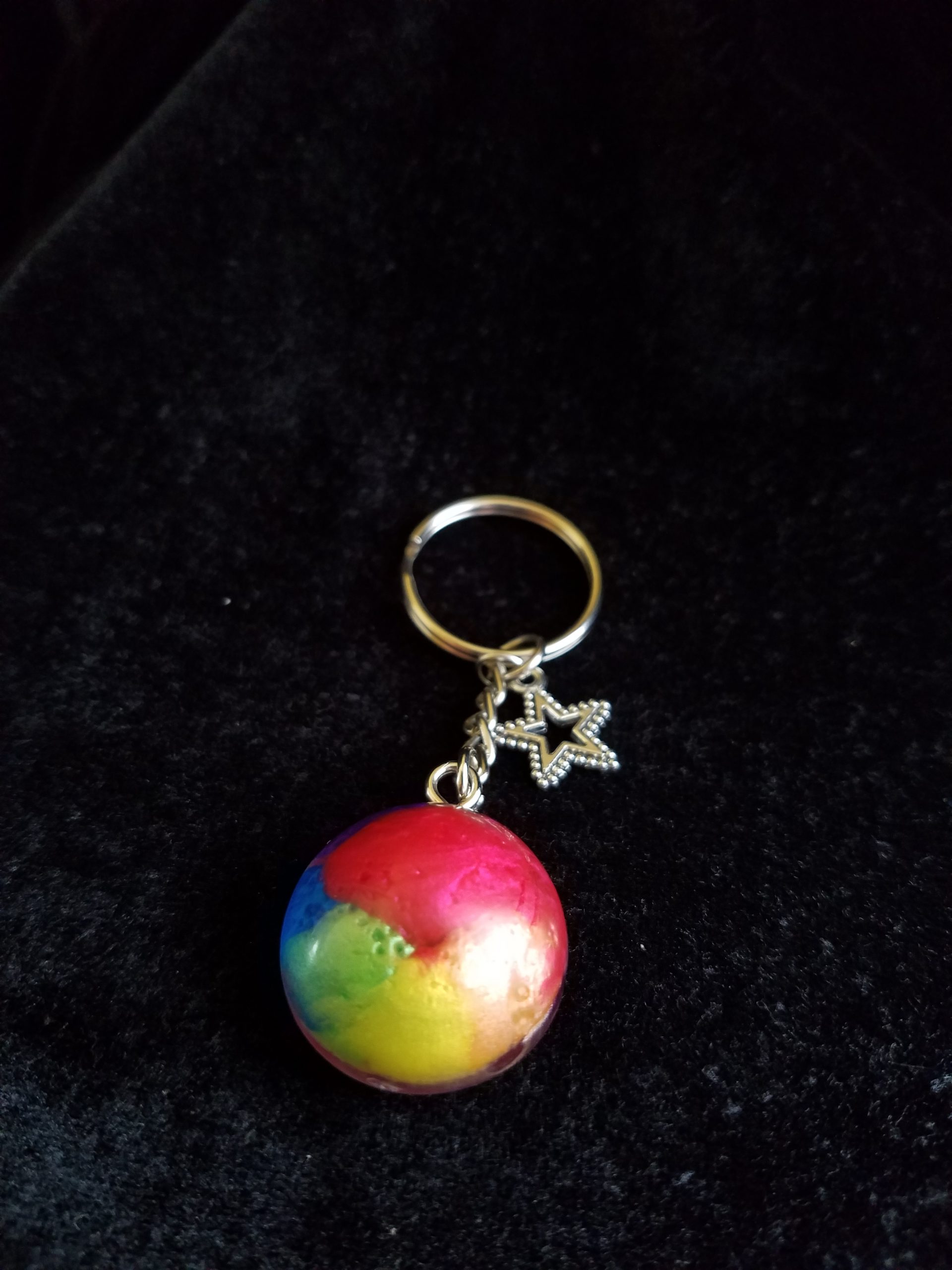 Silver Keychain with Rainbow Epoxy Round Charm & Silver Star Charm