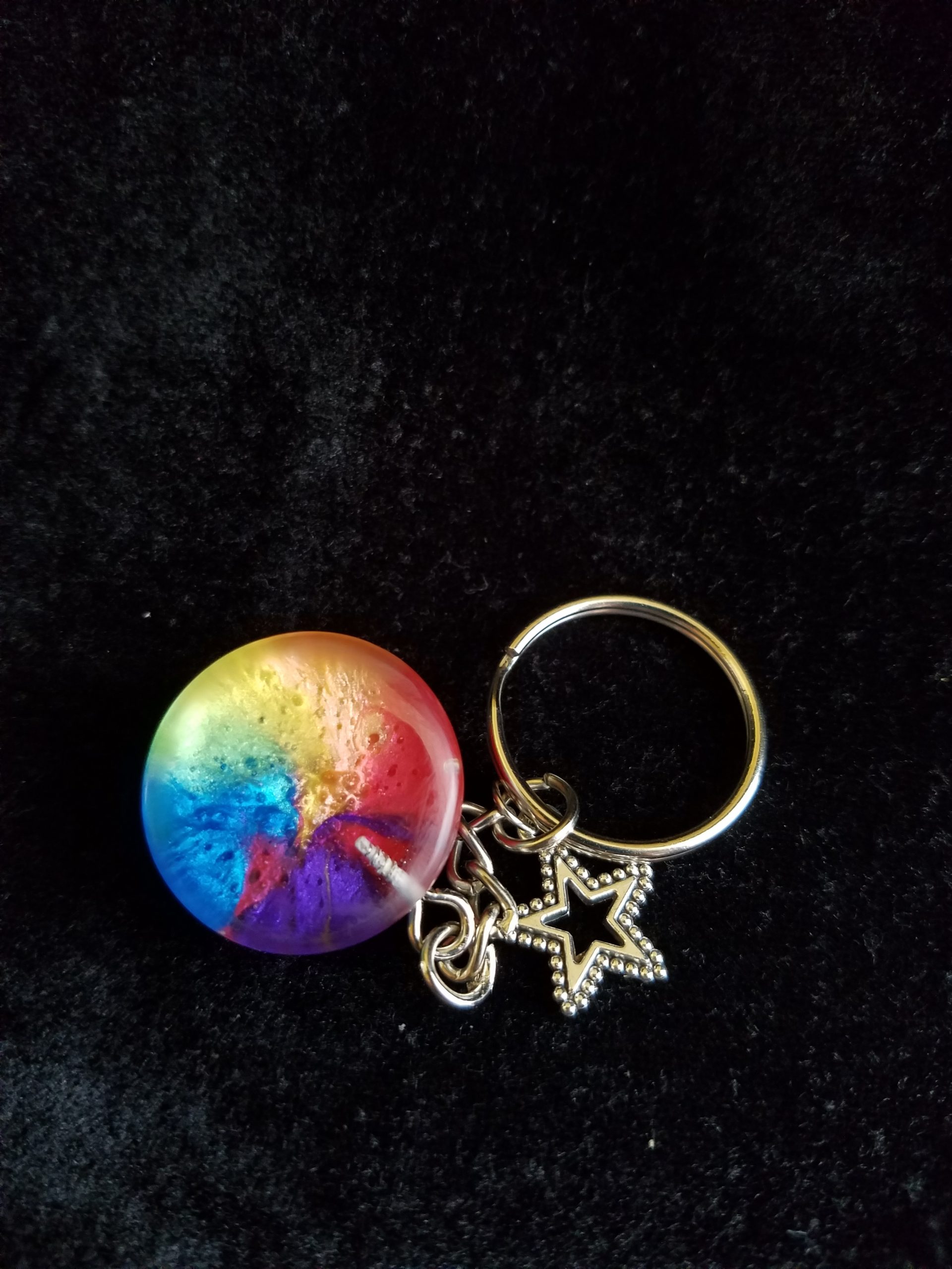 Silver Keychain with Rainbow Epoxy Round Charm & Silver Star Charm
