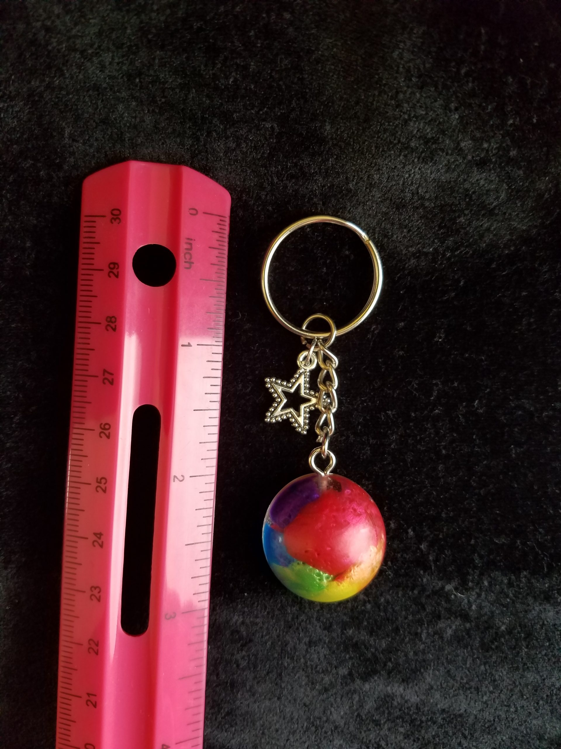 Silver Keychain with Rainbow Epoxy Round Charm & Silver Star Charm