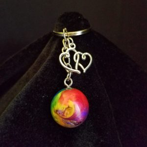 Silver Keychain with Rainbow Epoxy Small Round Charm & Silver Double Heart Charm