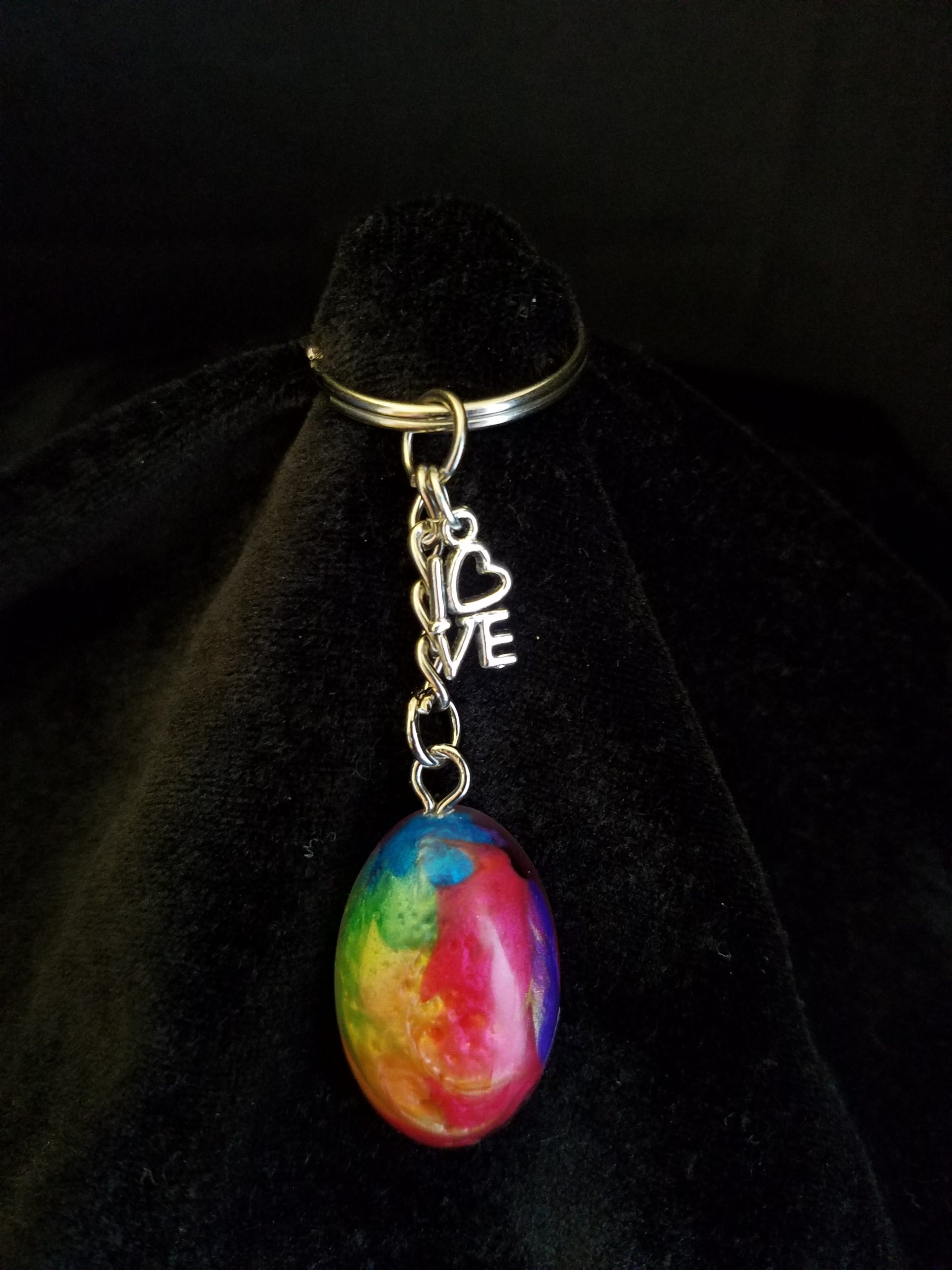 Silver Keychain with Rainbow Epoxy Small Oval Charm & Silver 'LOVE' Charm