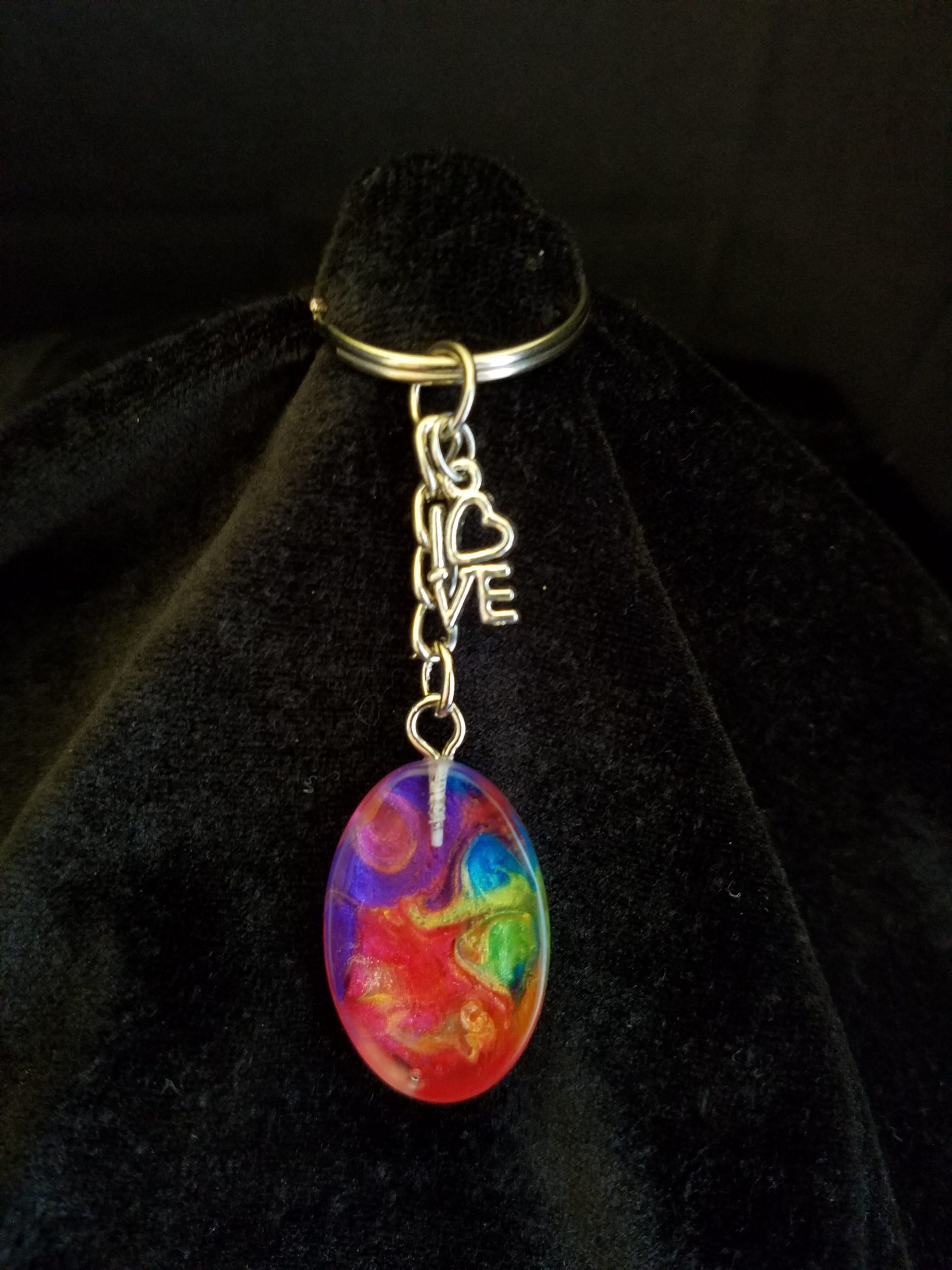 Silver Keychain with Rainbow Epoxy Small Oval Charm & Silver 'LOVE' Charm