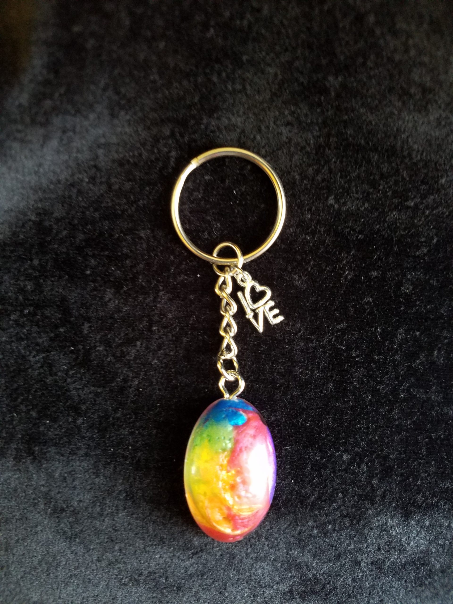 Silver Keychain with Rainbow Epoxy Small Oval Charm & Silver 'LOVE' Charm