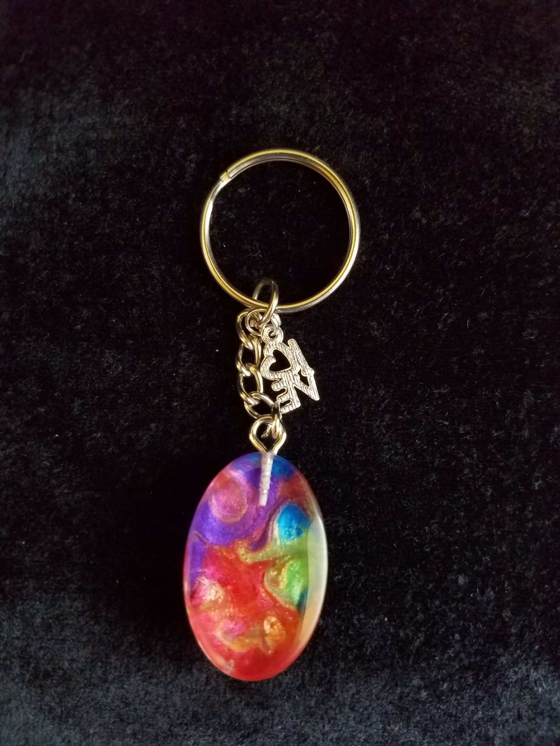 Silver Keychain with Rainbow Epoxy Small Oval Charm & Silver 'LOVE' Charm