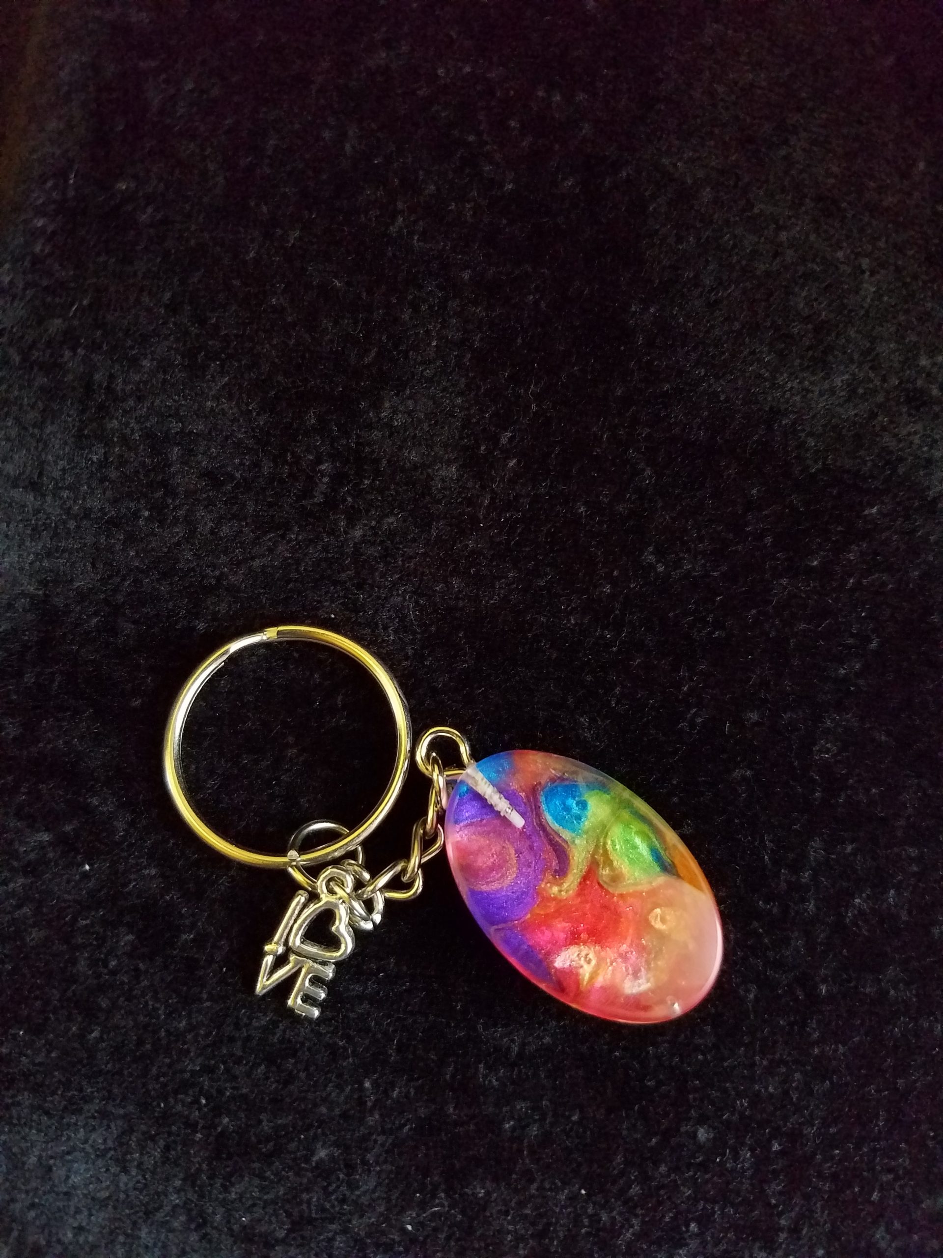 Silver Keychain with Rainbow Epoxy Small Oval Charm & Silver 'LOVE' Charm