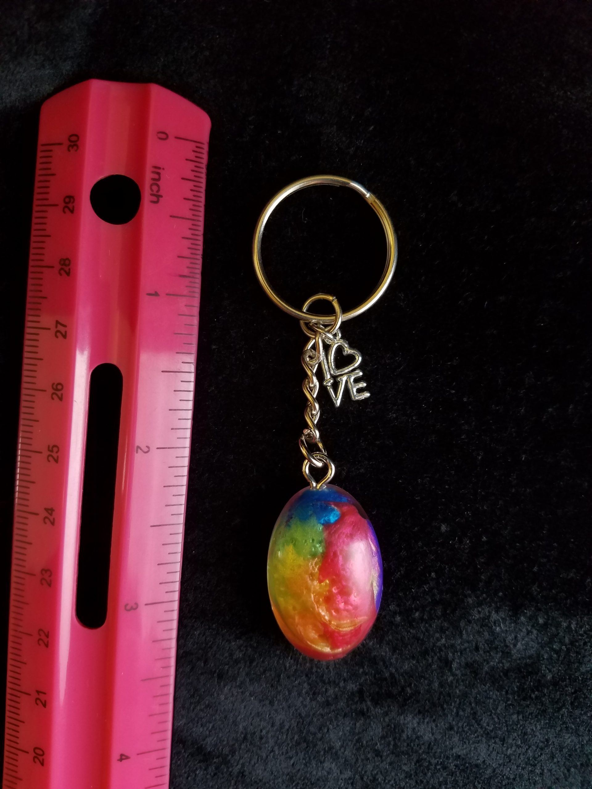 Silver Keychain with Rainbow Epoxy Small Oval Charm & Silver 'LOVE' Charm