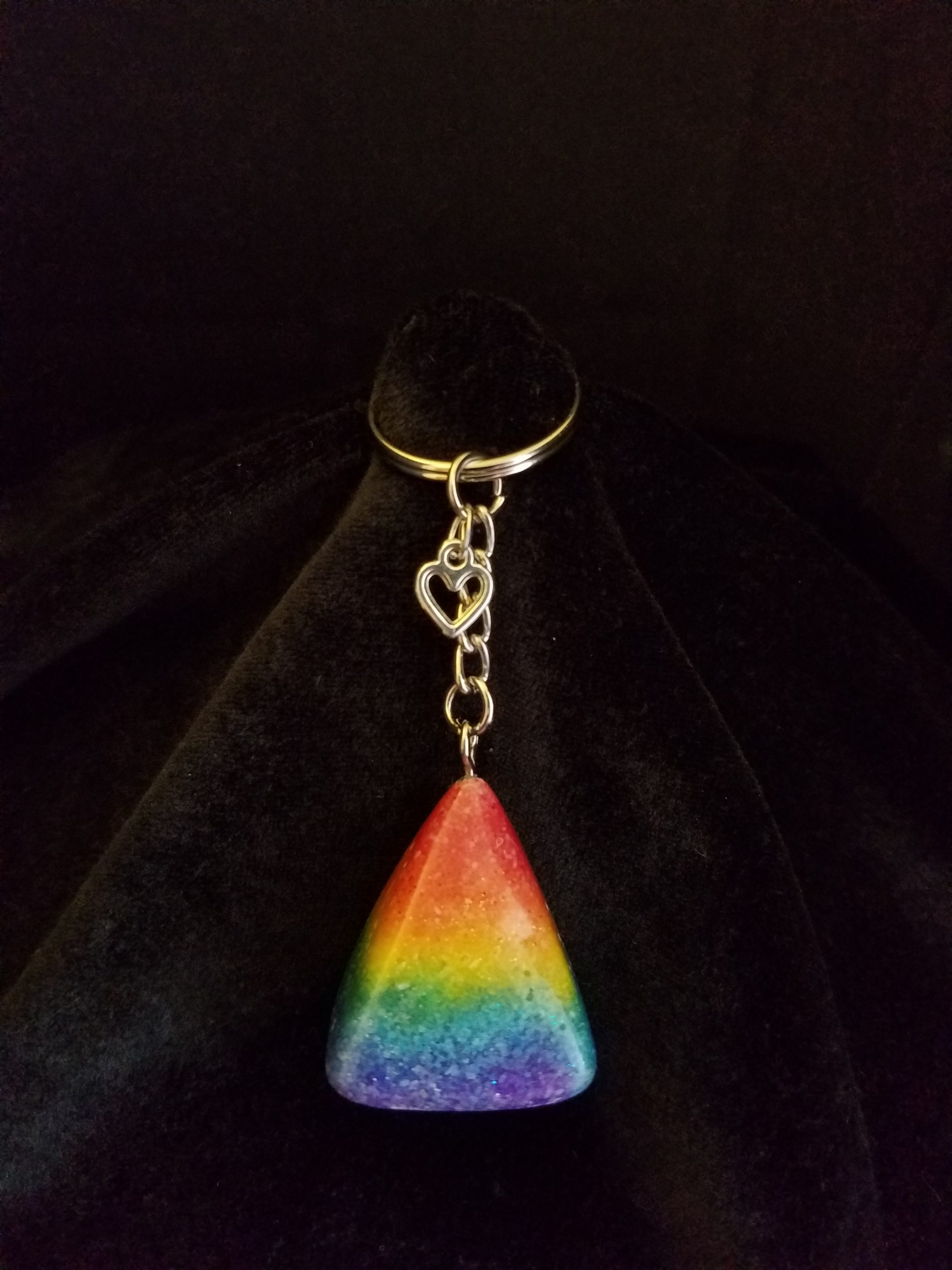 Silver Keychain with Glittery Rainbow Sand & Epoxy Pyramid & Silver Heart Charm