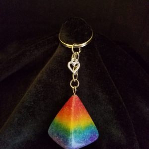 Silver Keychain with Glittery Rainbow Sand & Epoxy Pyramid & Silver Heart Charm