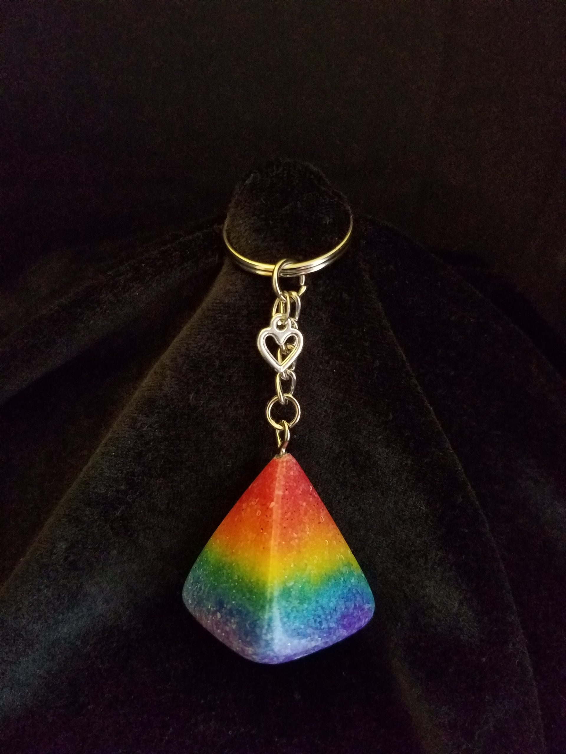 Silver Keychain with Glittery Rainbow Sand & Epoxy Pyramid & Silver Heart Charm