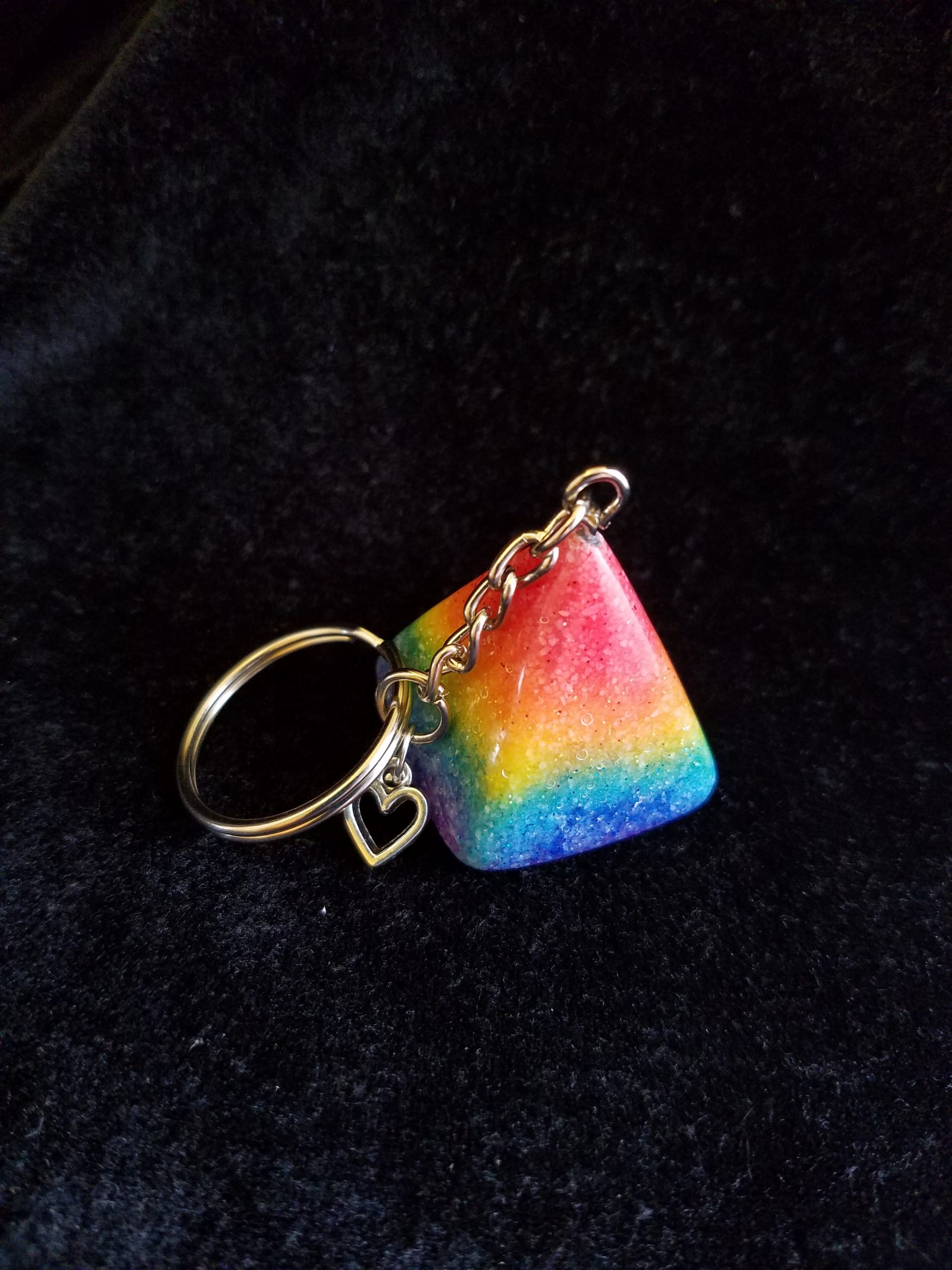 Silver Keychain with Glittery Rainbow Sand & Epoxy Pyramid & Silver Heart Charm