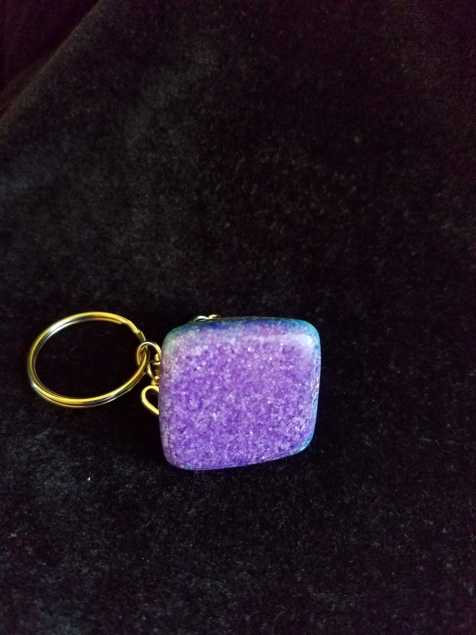 Silver Keychain with Glittery Rainbow Sand & Epoxy Pyramid & Silver Heart Charm