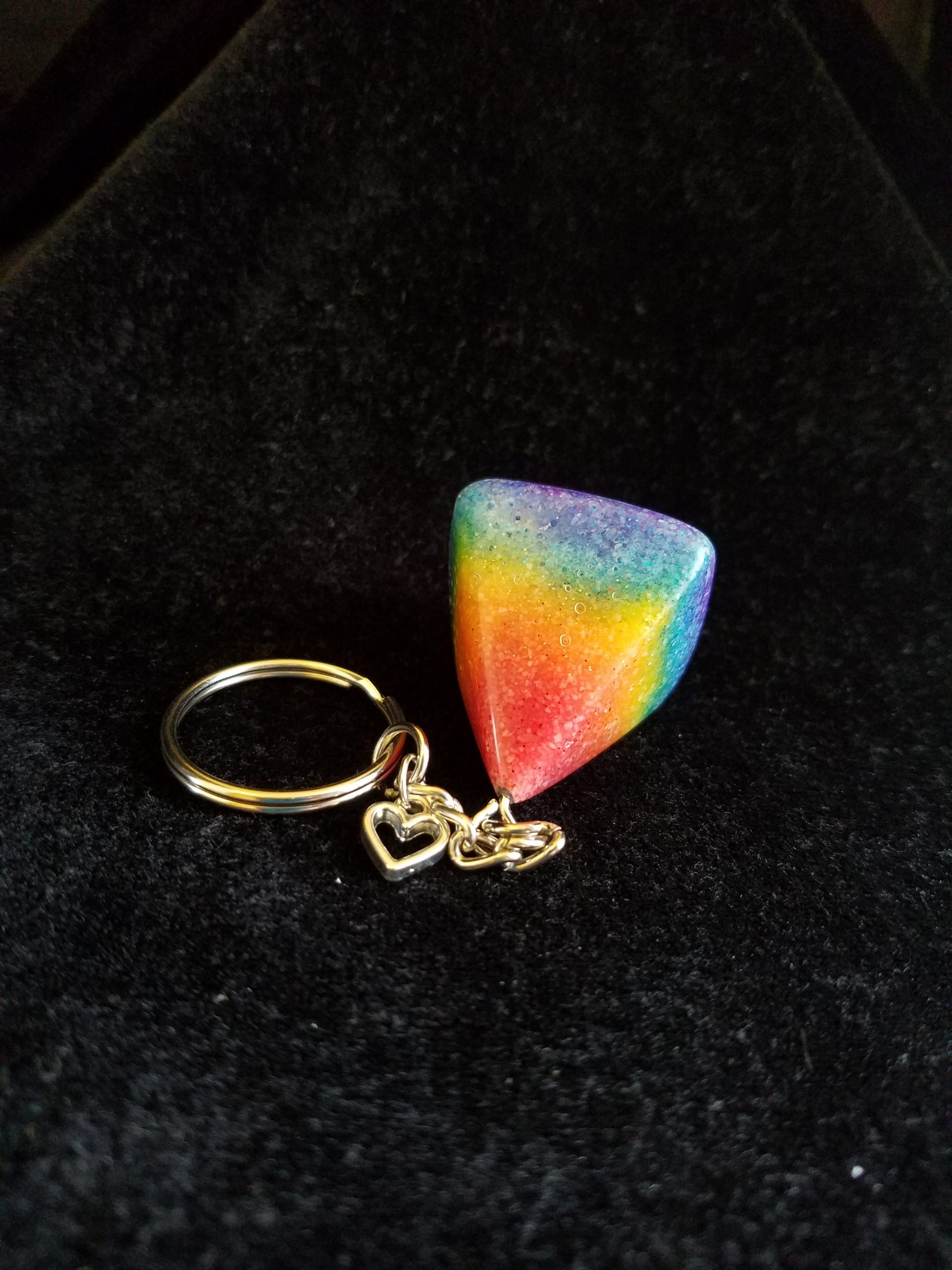 Silver Keychain with Glittery Rainbow Sand & Epoxy Pyramid & Silver Heart Charm