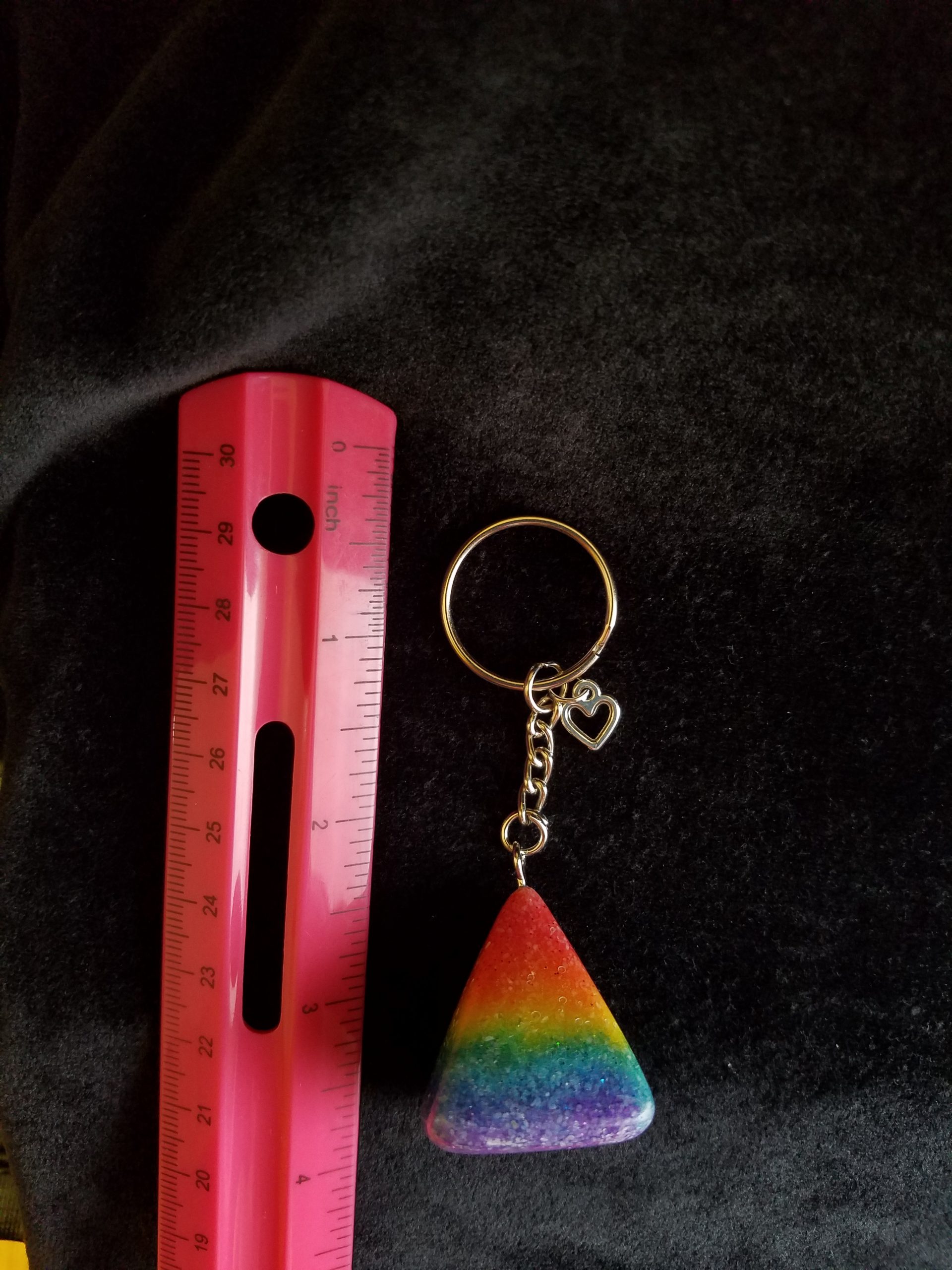 Silver Keychain with Glittery Rainbow Sand & Epoxy Pyramid & Silver Heart Charm