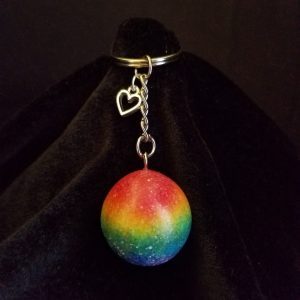 Silver Keychain with Glittery Rainbow Sand & Epoxy Sphere & Silver Heart Charm