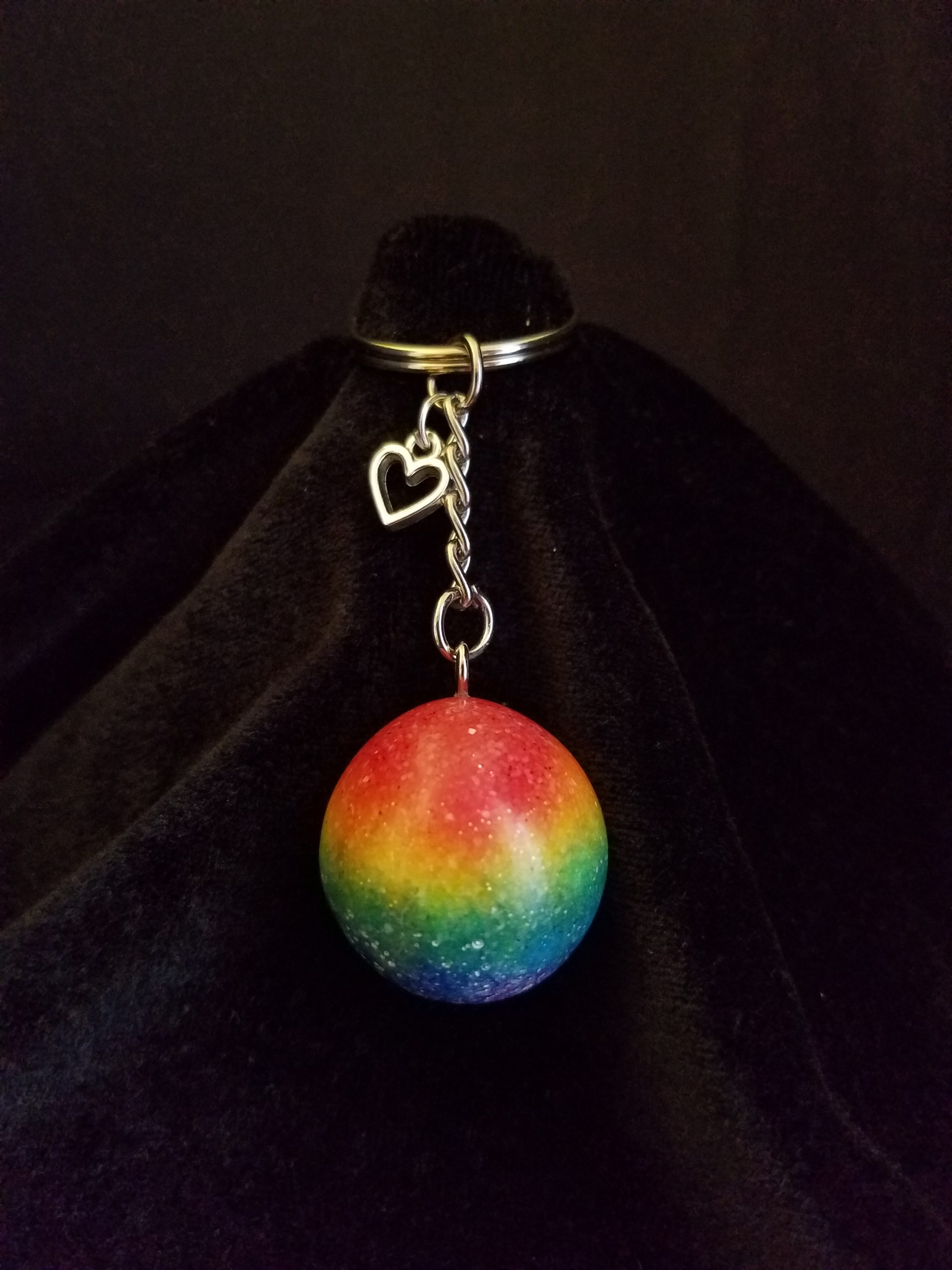 Silver Keychain with Glittery Rainbow Sand & Epoxy Sphere & Silver Heart Charm