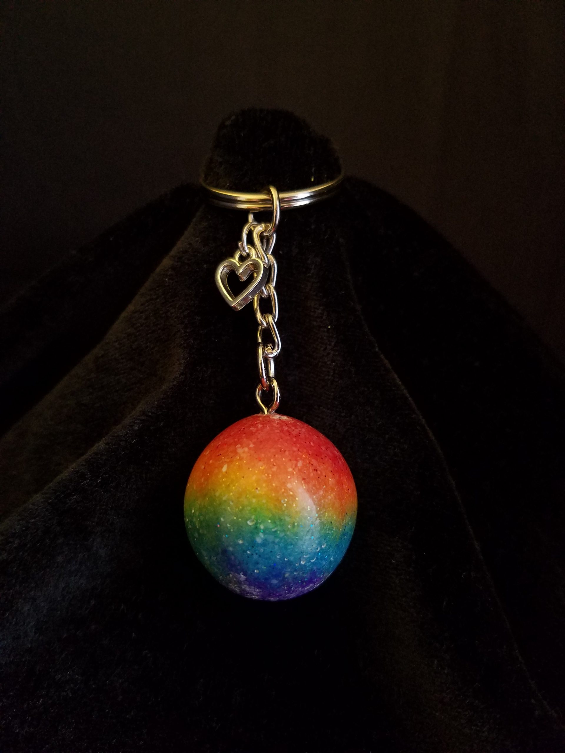 Silver Keychain with Glittery Rainbow Sand & Epoxy Sphere & Silver Heart Charm