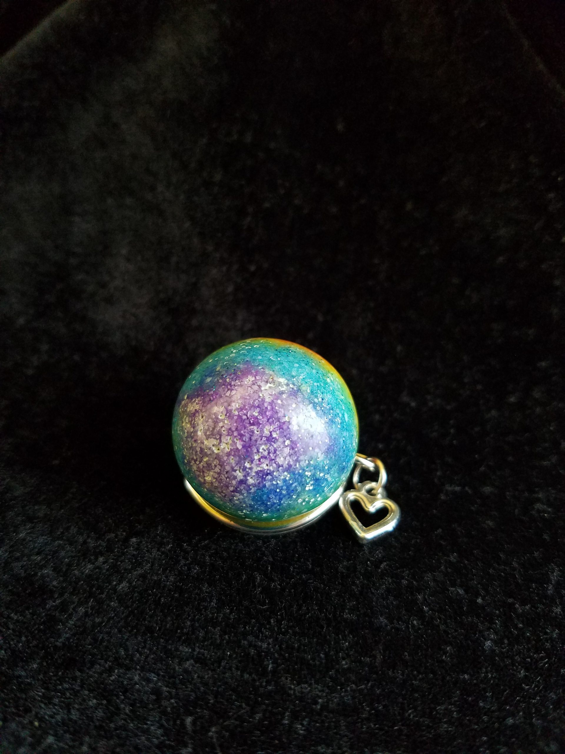 Silver Keychain with Glittery Rainbow Sand & Epoxy Sphere & Silver Heart Charm