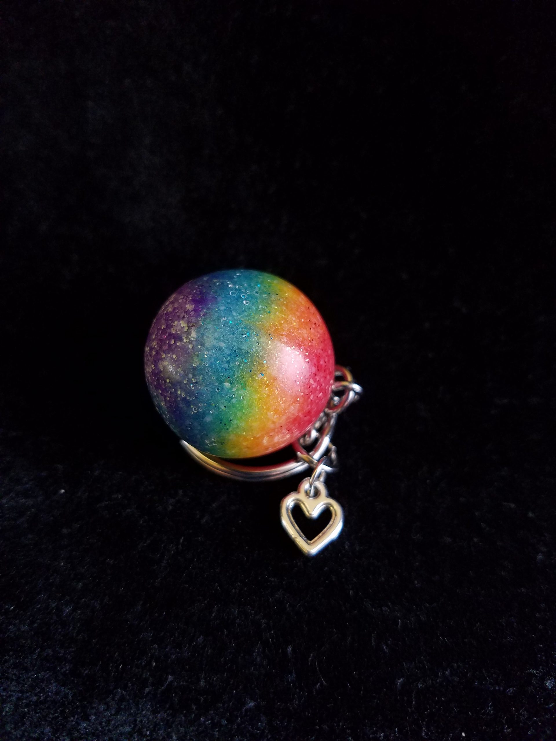 Silver Keychain with Glittery Rainbow Sand & Epoxy Sphere & Silver Heart Charm