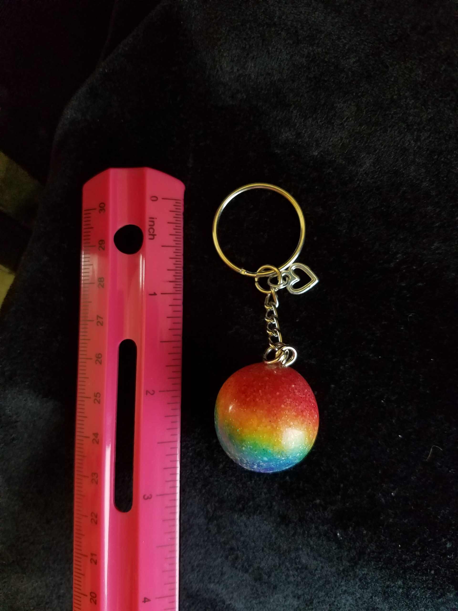 Silver Keychain with Glittery Rainbow Sand & Epoxy Sphere & Silver Heart Charm