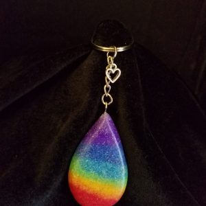 Silver Keychain with Glittery Rainbow Sand & Epoxy Teardrop & Silver Heart Charm