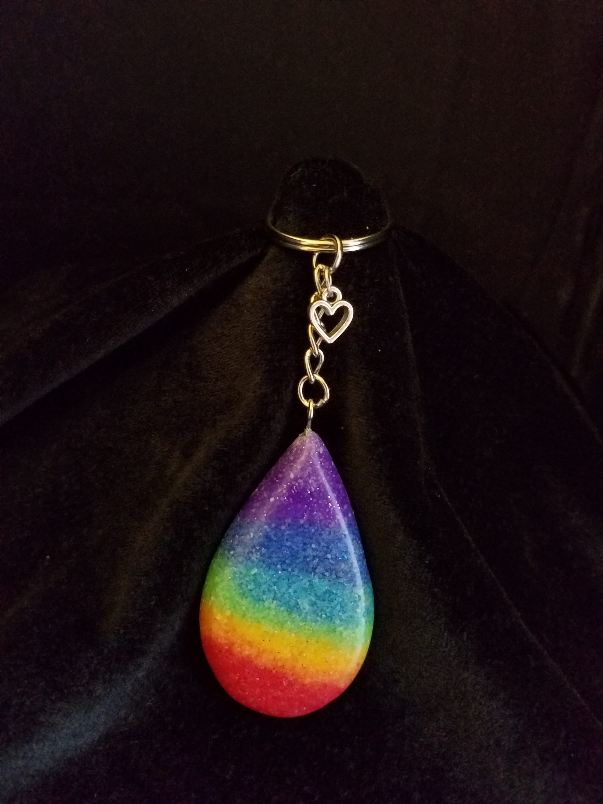 Silver Keychain with Glittery Rainbow Sand & Epoxy Teardrop & Silver Heart Charm