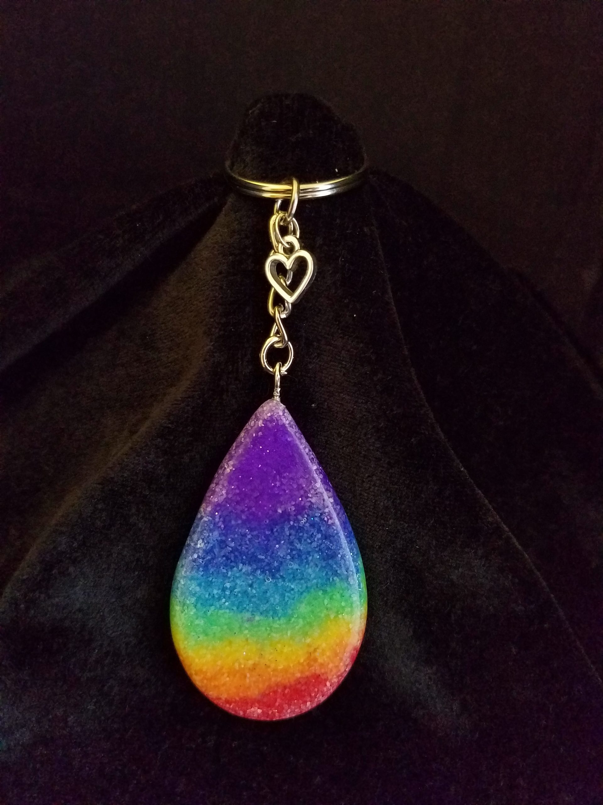 Silver Keychain with Glittery Rainbow Sand & Epoxy Teardrop & Silver Heart Charm